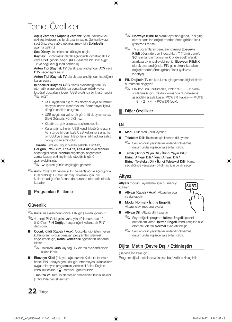 Temel özellikler | Samsung PS50C680G5W User Manual | Page 441 / 474