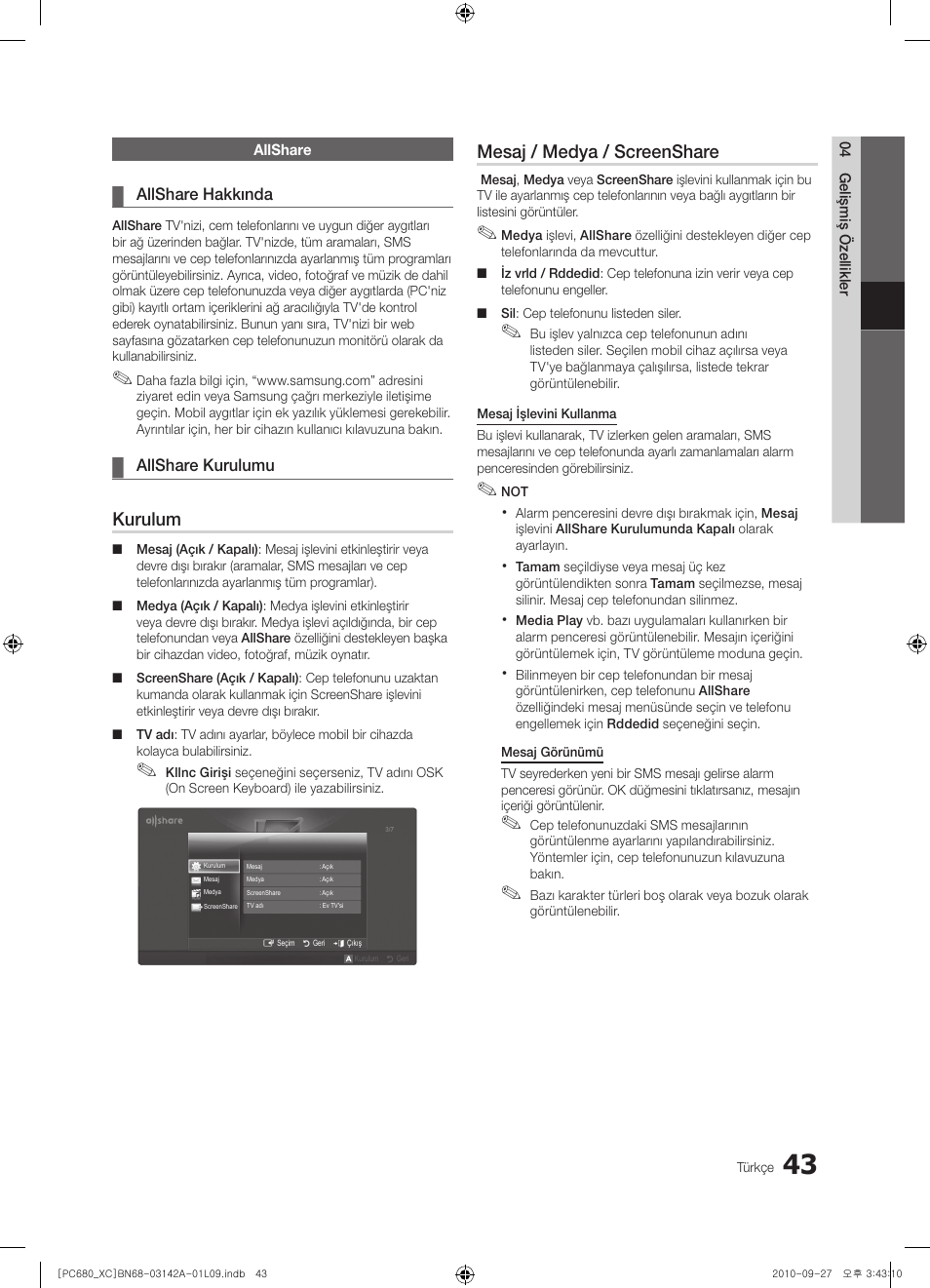 Kurulum, Mesaj / medya / screenshare | Samsung PS50C680G5W User Manual | Page 462 / 474