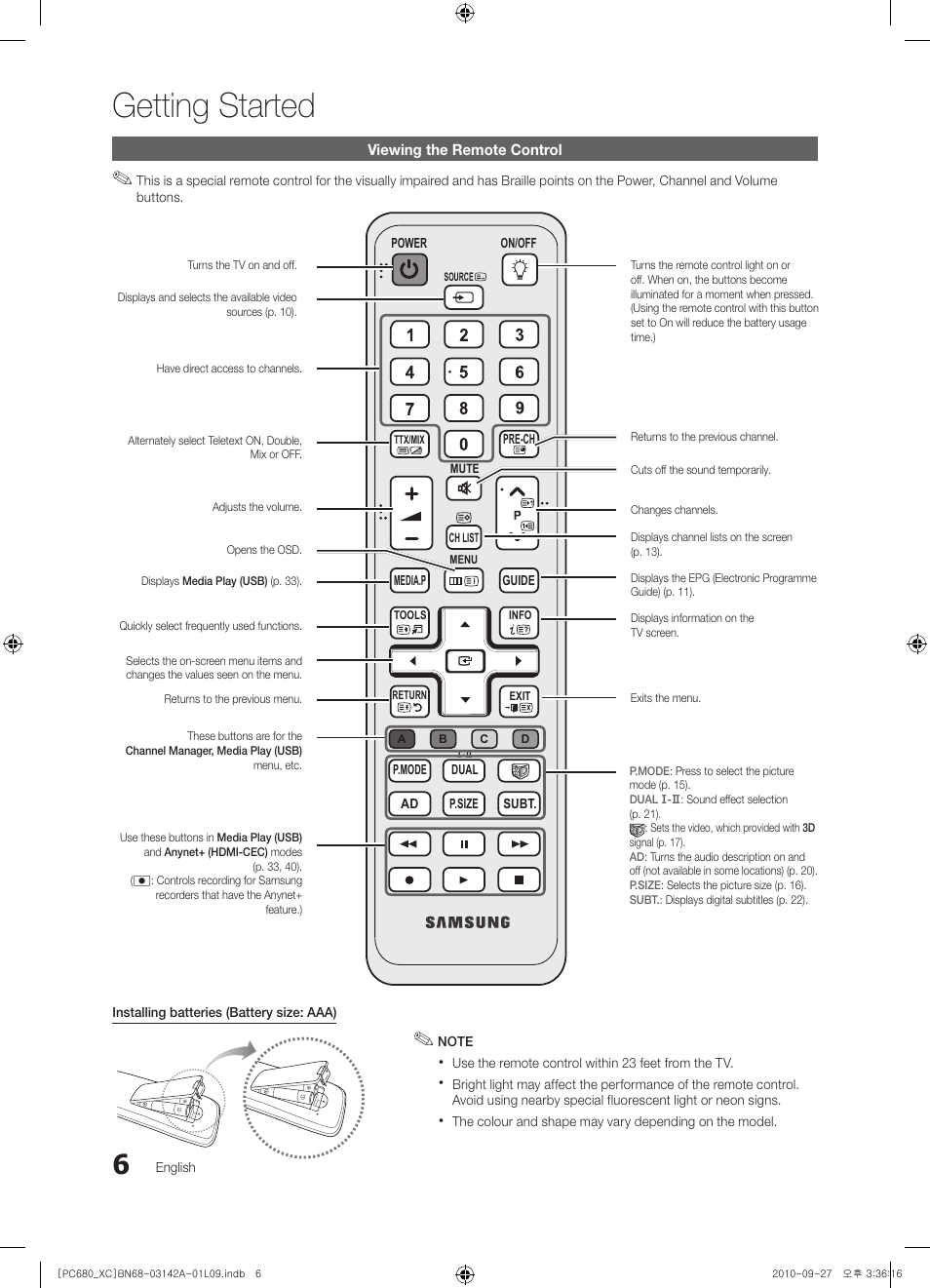 Getting started | Samsung PS50C680G5W User Manual | Page 6 / 474