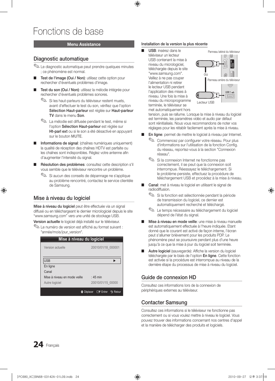 Fonctions de base, Diagnostic automatique, Mise à niveau du logiciel | Guide de connexion hd, Contacter samsung | Samsung PS50C680G5W User Manual | Page 76 / 474
