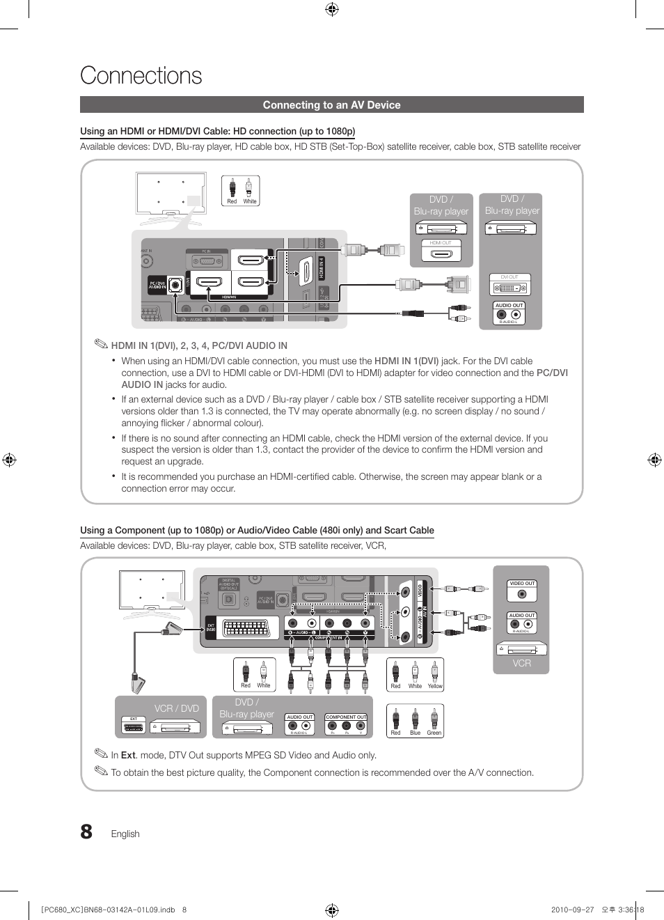 Connections, Connecting to an av device, English | Hdmi in 1(dvi), 2, 3, 4, pc/dvi audio in, Vcr dvd / blu-ray player, Vcr / dvd, Dvd / blu-ray player dvd / blu-ray player | Samsung PS50C680G5W User Manual | Page 8 / 474
