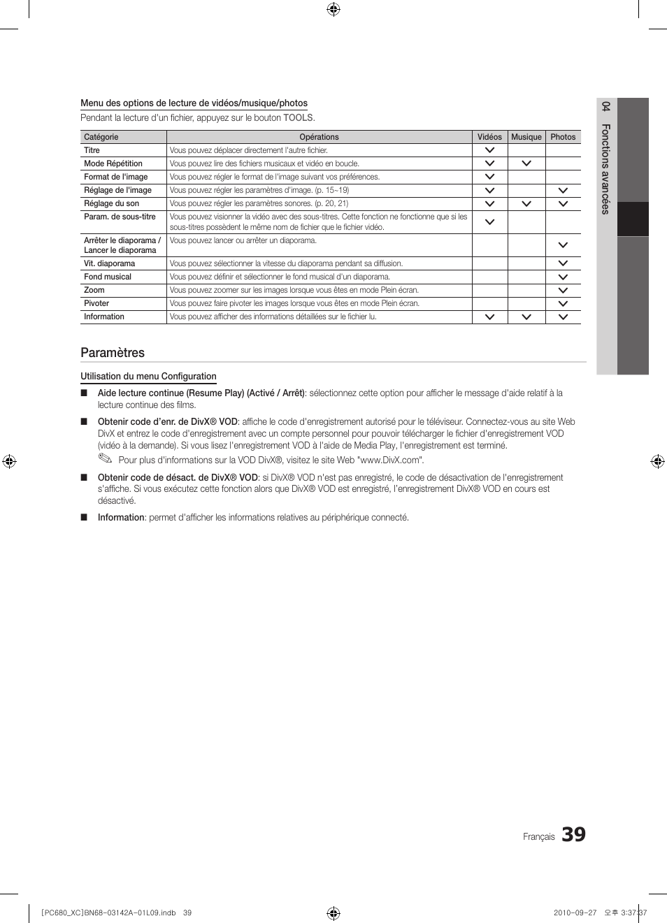Paramètres | Samsung PS50C680G5W User Manual | Page 91 / 474