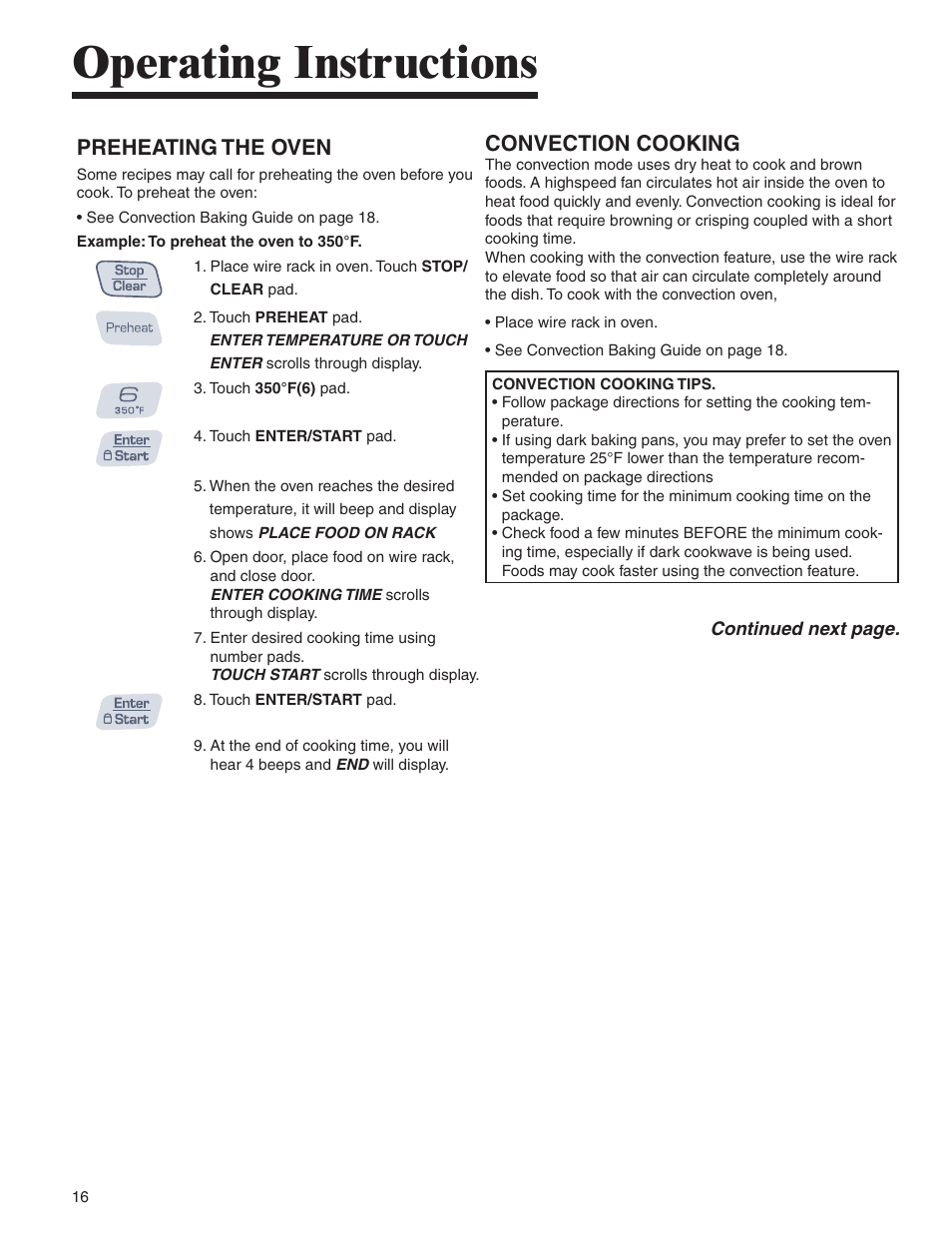 Operating instructions, Preheating the oven, Convection cooking | Amana AMC6158BCB User Manual | Page 16 / 84