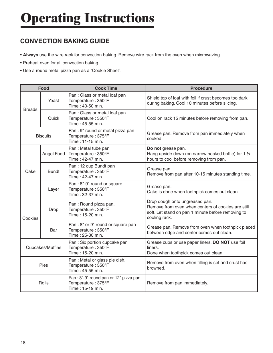 Operating instructions, Convection baking guide | Amana AMC6158BCB User Manual | Page 18 / 84