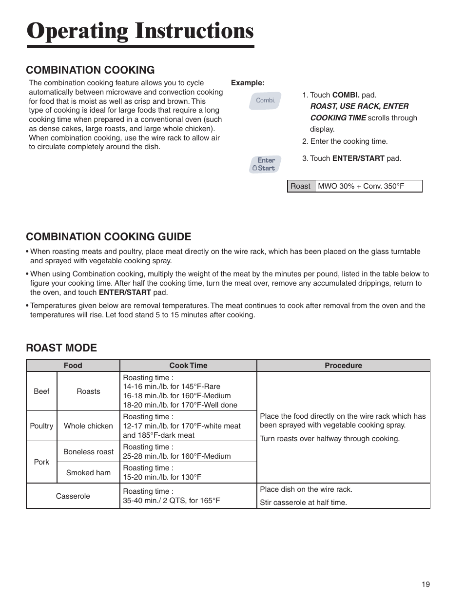Operating instructions, Combination cooking, Combination cooking guide | Roast mode | Amana AMC6158BCB User Manual | Page 19 / 84