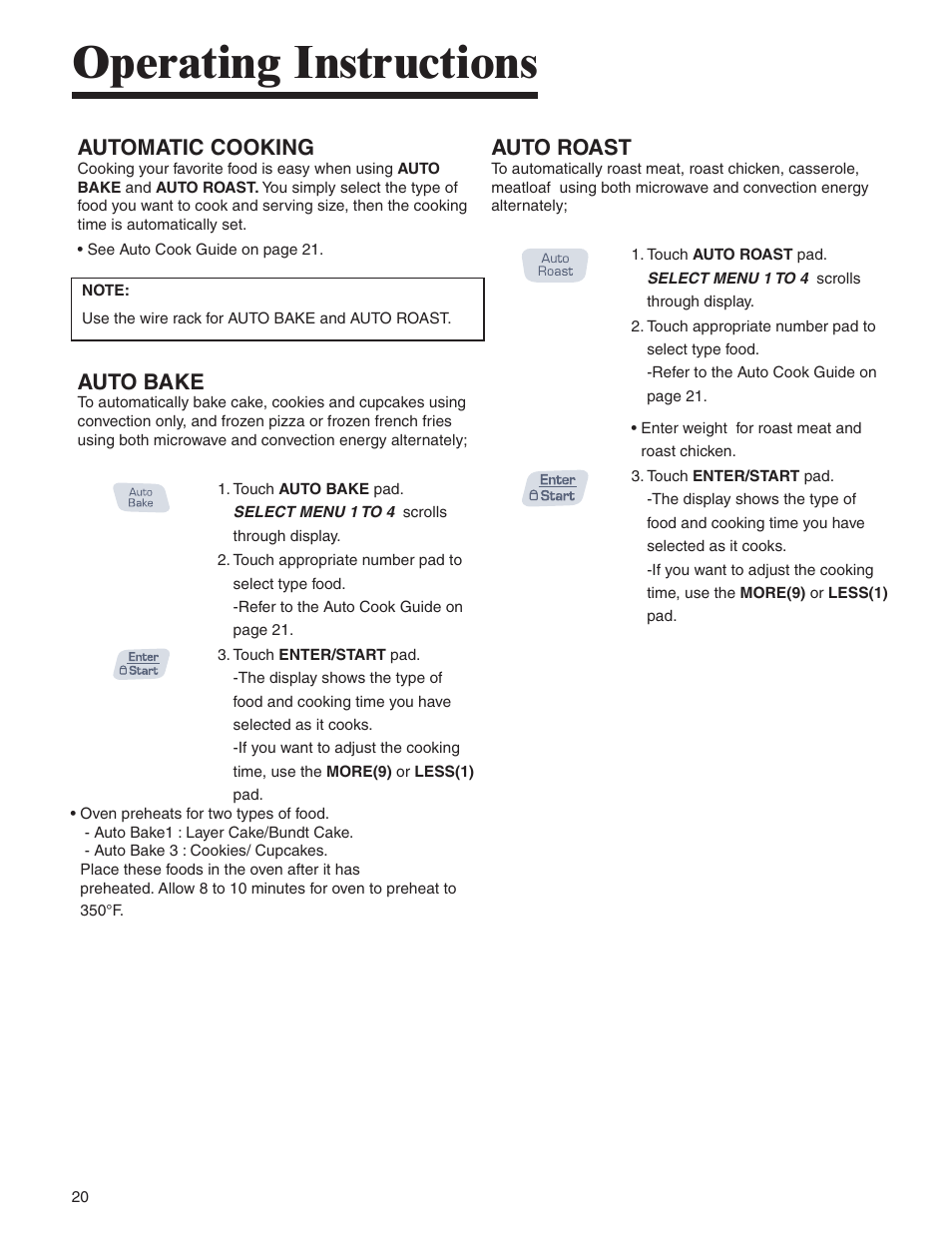 Operating instructions, Automatic cooking, Auto bake | Auto roast | Amana AMC6158BCB User Manual | Page 20 / 84