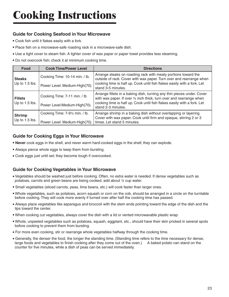 Cooking instructions, Guide for cooking seafood in your microwave, Guide for cooking eggs in your microwave | Guide for cooking vegetables in your microwave | Amana AMC6158BCB User Manual | Page 23 / 84