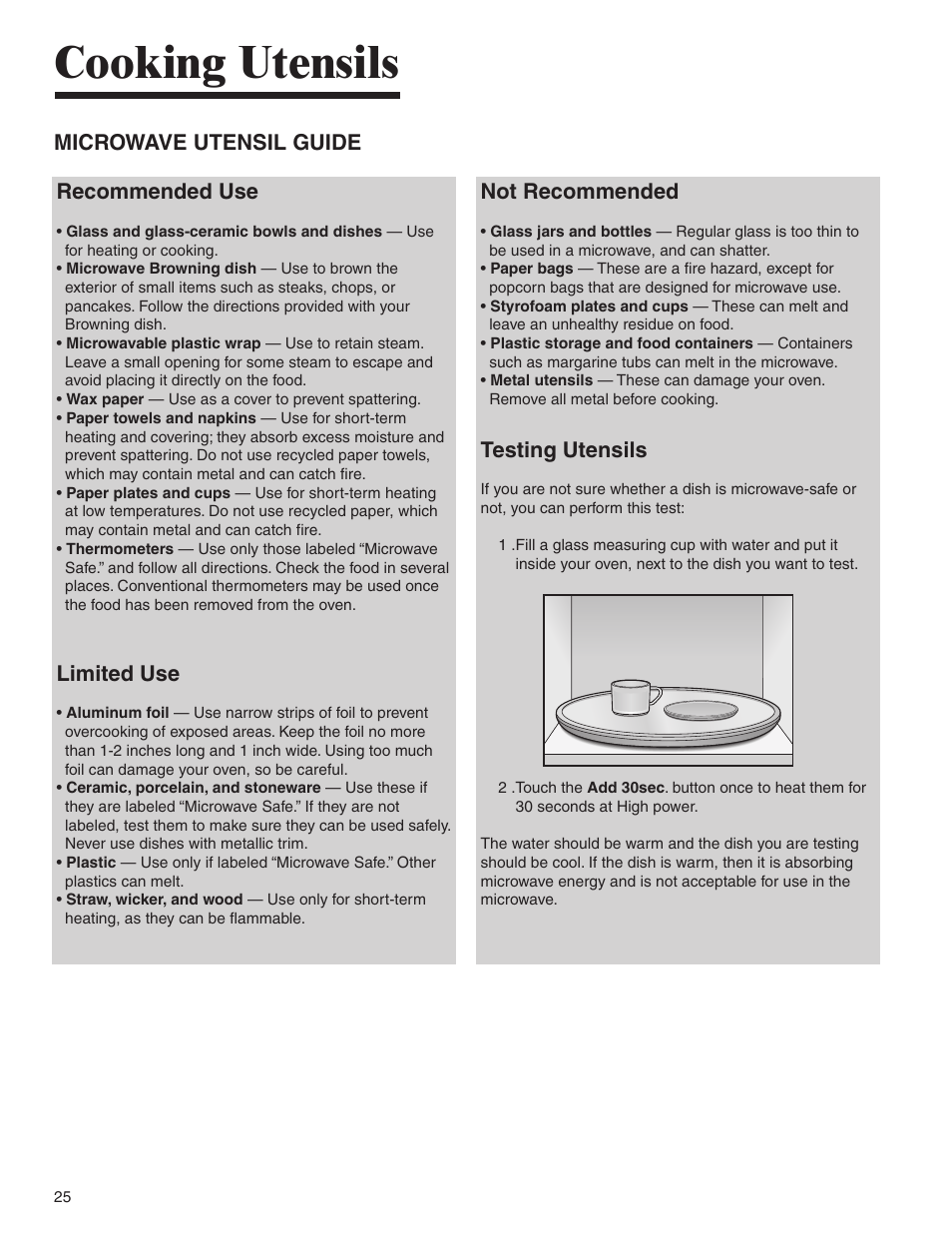 Cooking utensils, Microwave utensil guide recommended use, Limited use | Not recommended, Testing utensils | Amana AMC6158BCB User Manual | Page 25 / 84