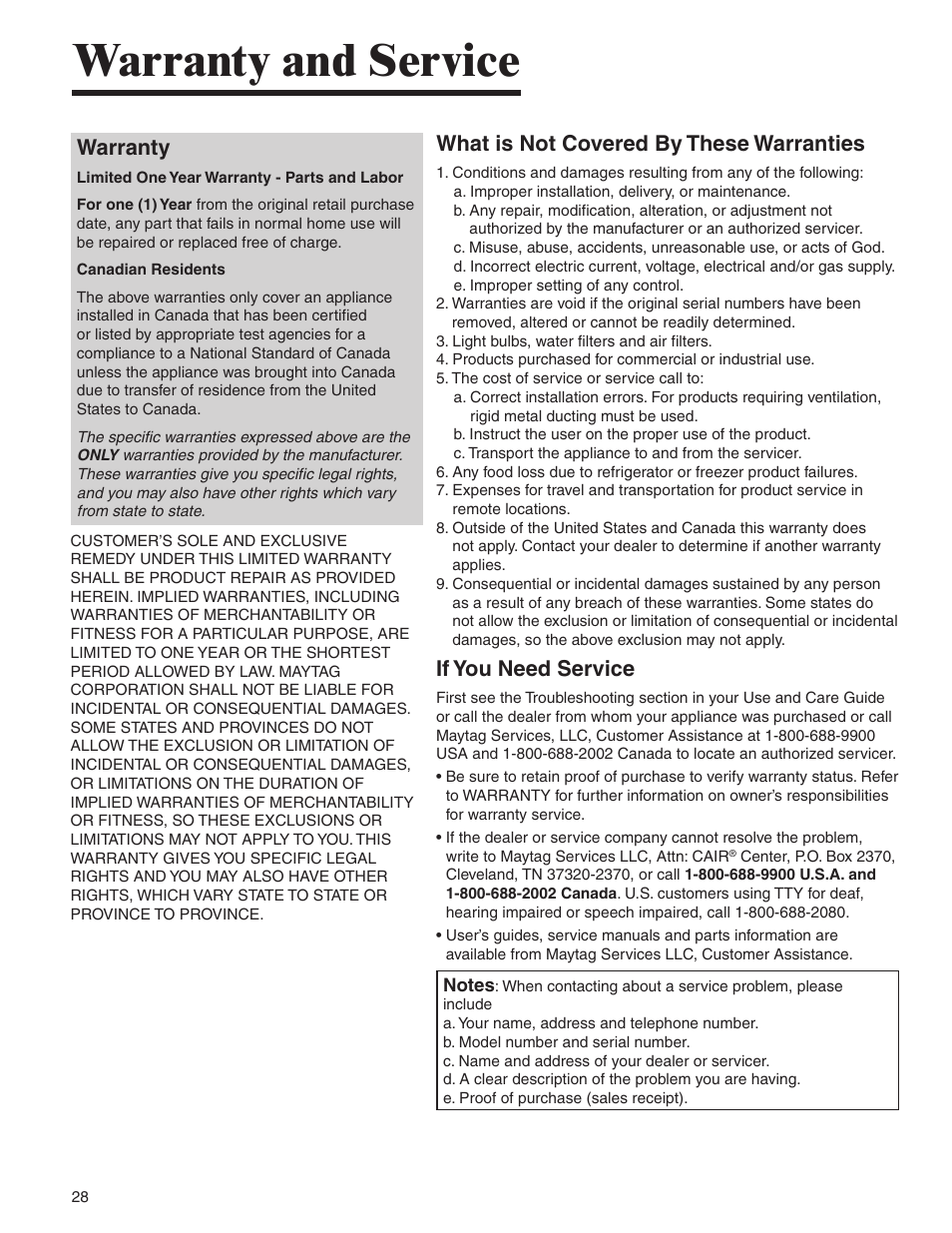 Warranty and service, Warranty, What is not covered by these warranties | If you need service | Amana AMC6158BCB User Manual | Page 28 / 84