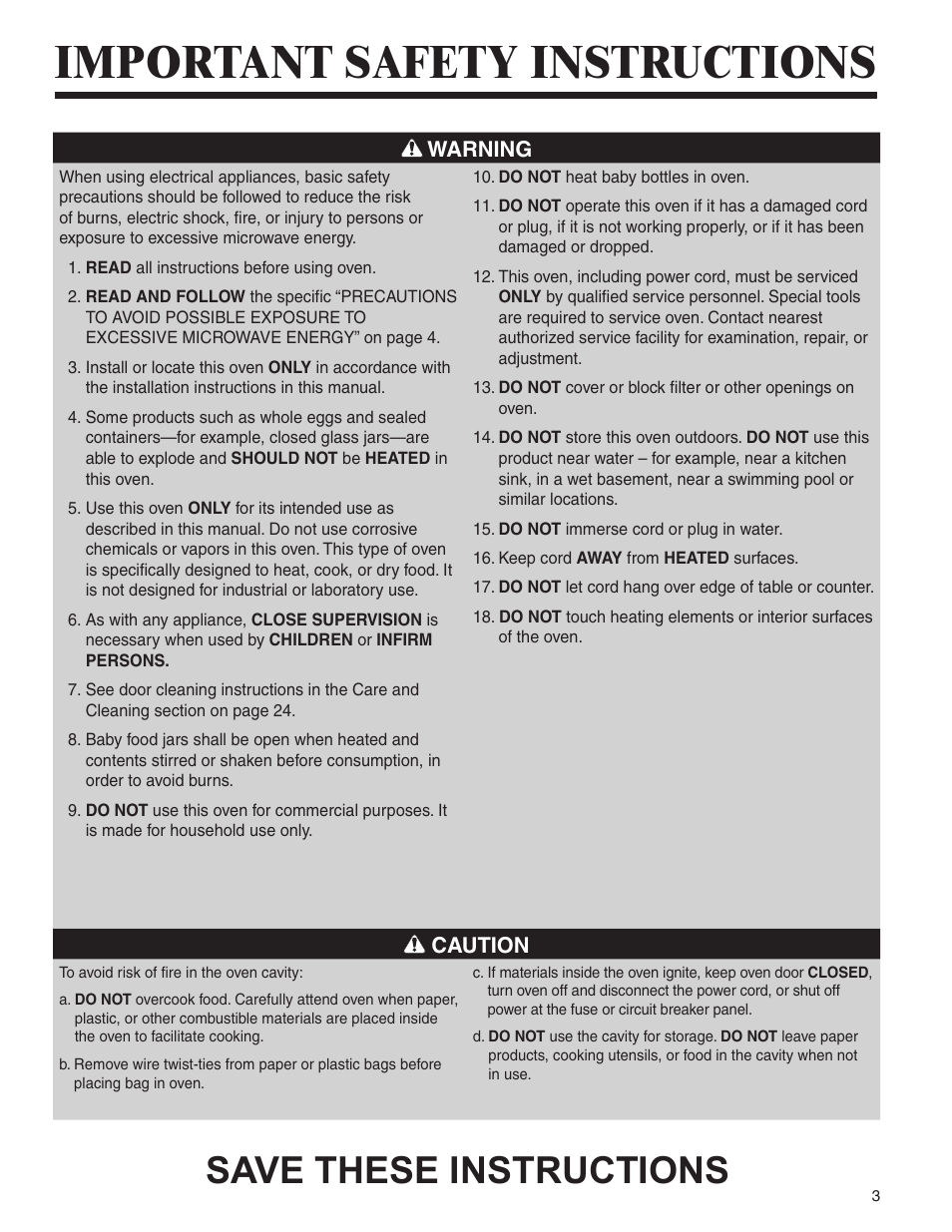 Important safety instructions, Save these instructions | Amana AMC6158BCB User Manual | Page 3 / 84