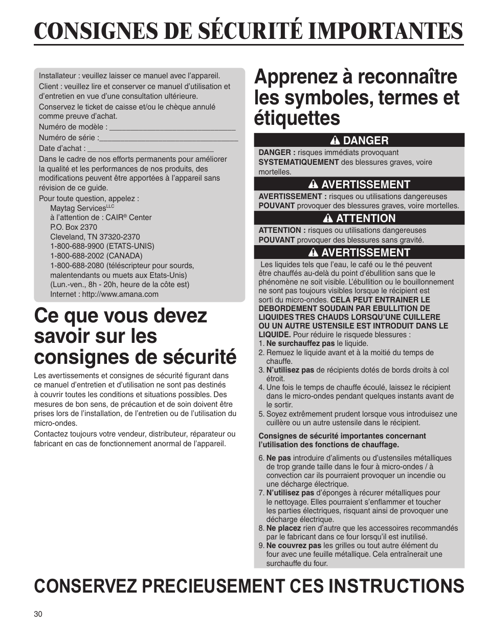 Consignes de sécurité importantes, Conservez precieusement ces instructions | Amana AMC6158BCB User Manual | Page 30 / 84