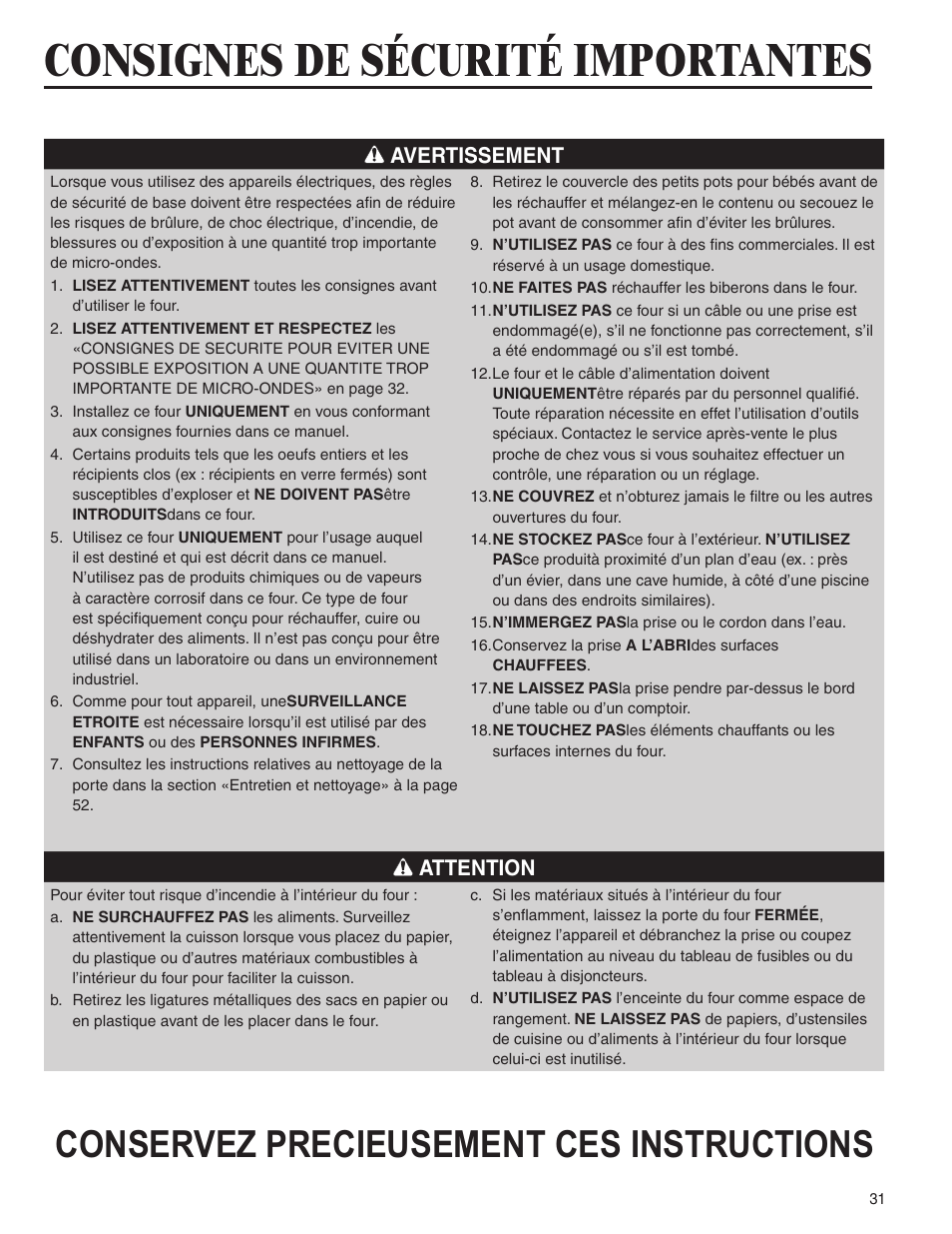 Consignes de sécurité importantes, Conservez precieusement ces instructions, Avertissement | Attention | Amana AMC6158BCB User Manual | Page 31 / 84