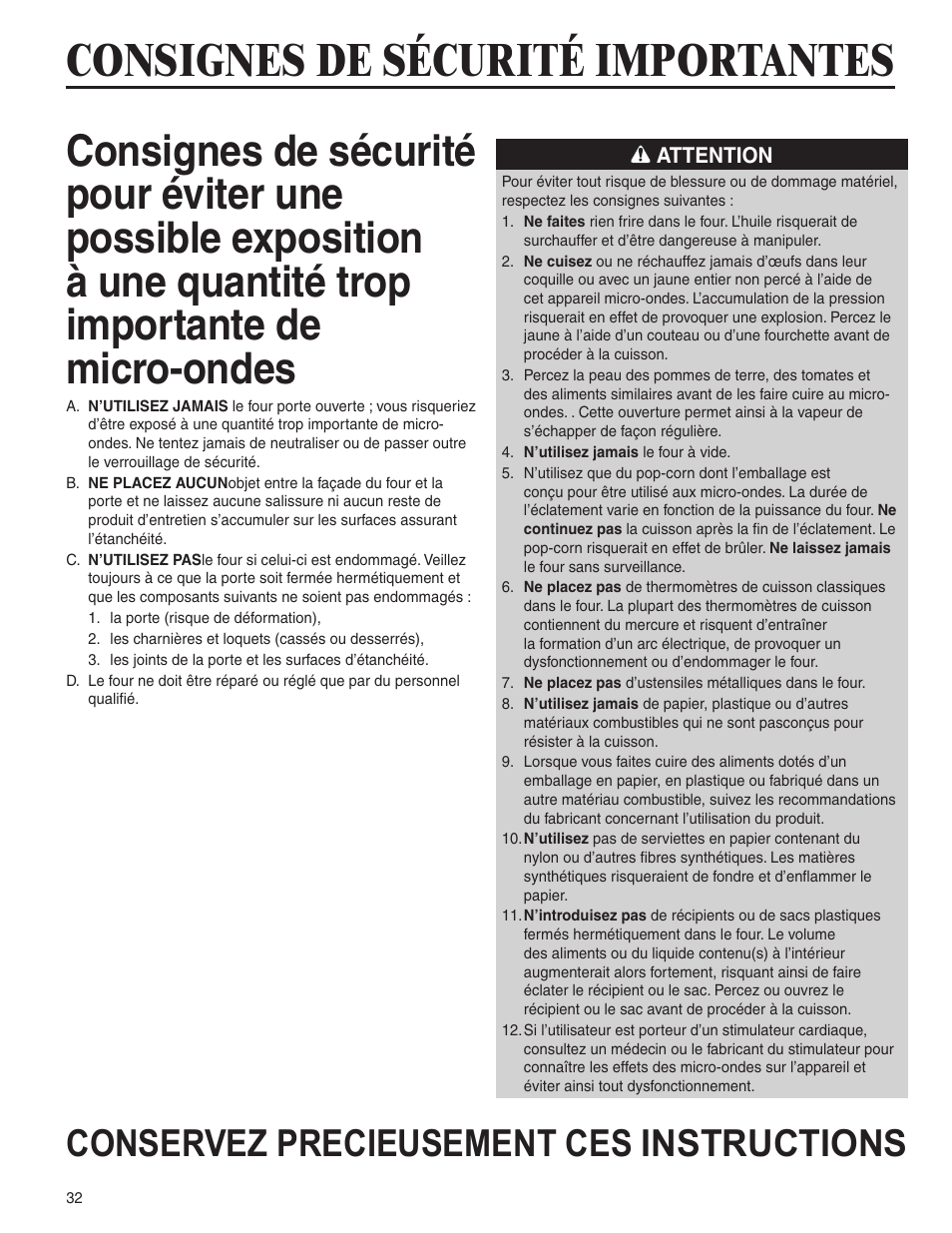 Consignes de sécurité importantes, Conservez precieusement ces instructions | Amana AMC6158BCB User Manual | Page 32 / 84