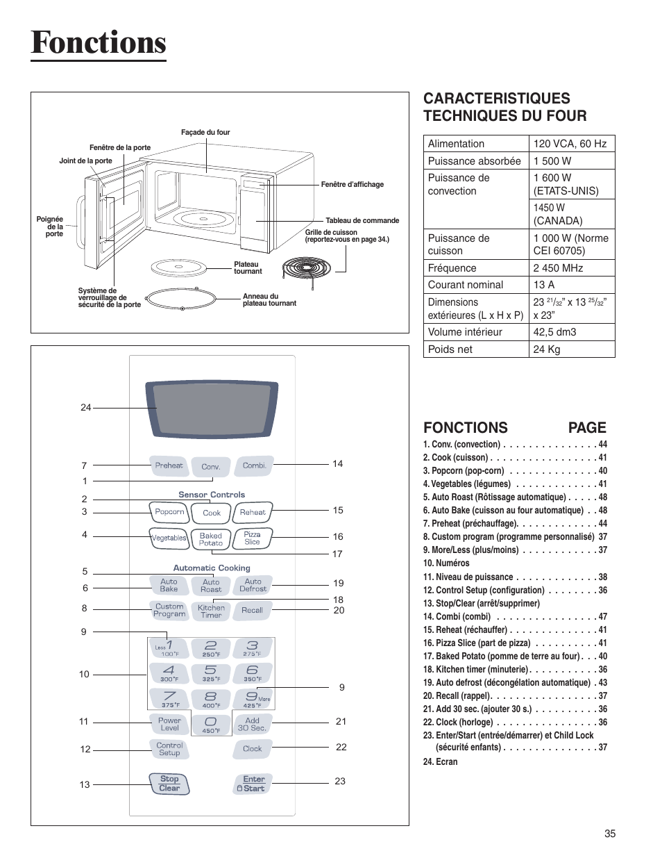 Fonctions, Caracteristiques techniques du four, Fonctions page | Amana AMC6158BCB User Manual | Page 35 / 84