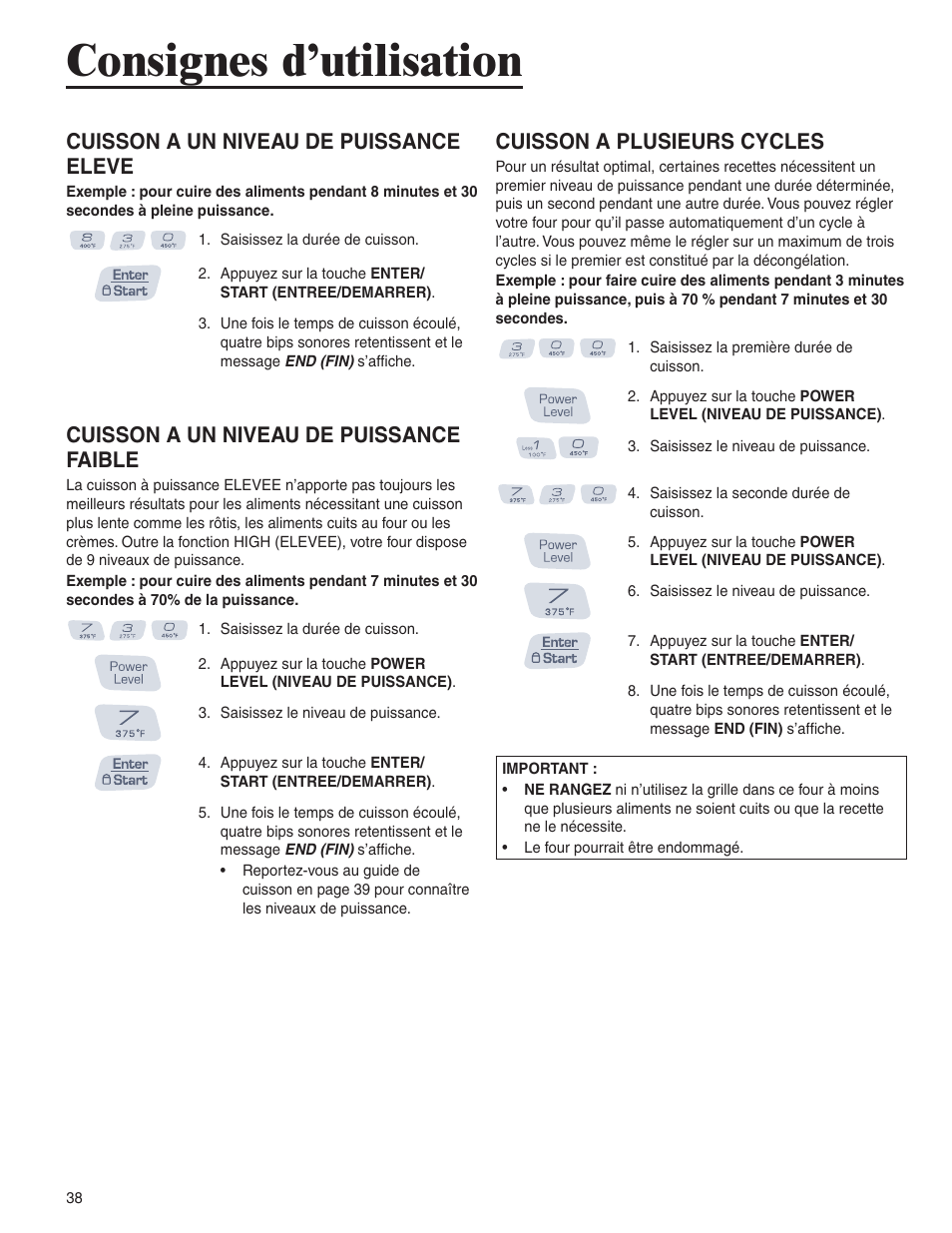 Consignes d’utilisation, Cuisson a un niveau de puissance eleve, Cuisson a un niveau de puissance faible | Cuisson a plusieurs cycles | Amana AMC6158BCB User Manual | Page 38 / 84
