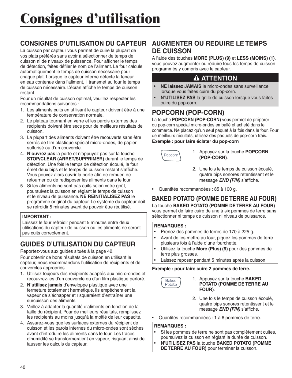 Consignes d’utilisation, Consignes d’utilisation du capteur, Guides d’utilisation du capteur | Augmenter ou reduire le temps de cuisson, Attention, Popcorn (pop-corn), Baked potato (pomme de terre au four) | Amana AMC6158BCB User Manual | Page 40 / 84