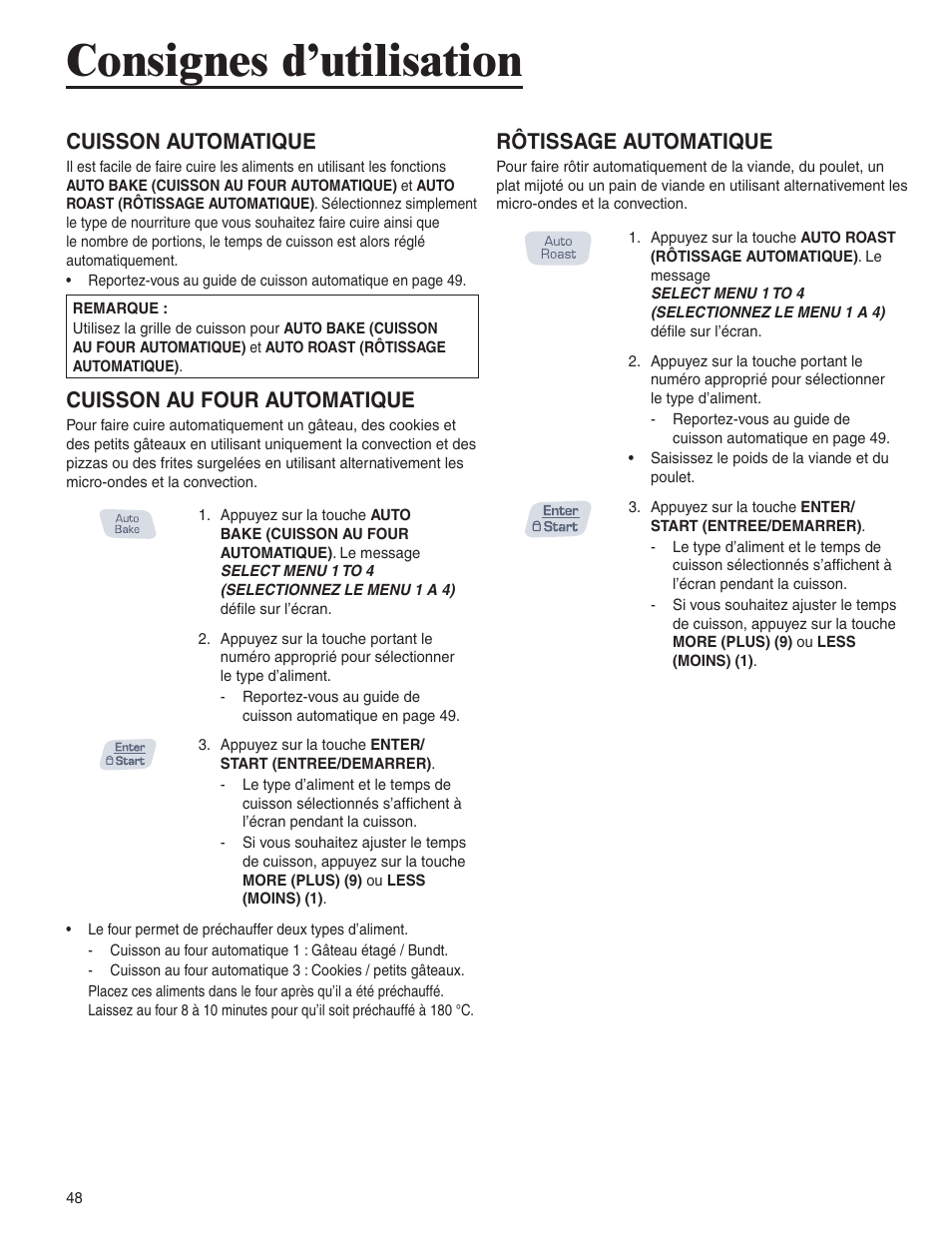 Consignes d’utilisation, Cuisson automatique, Cuisson au four automatique | Rôtissage automatique | Amana AMC6158BCB User Manual | Page 48 / 84