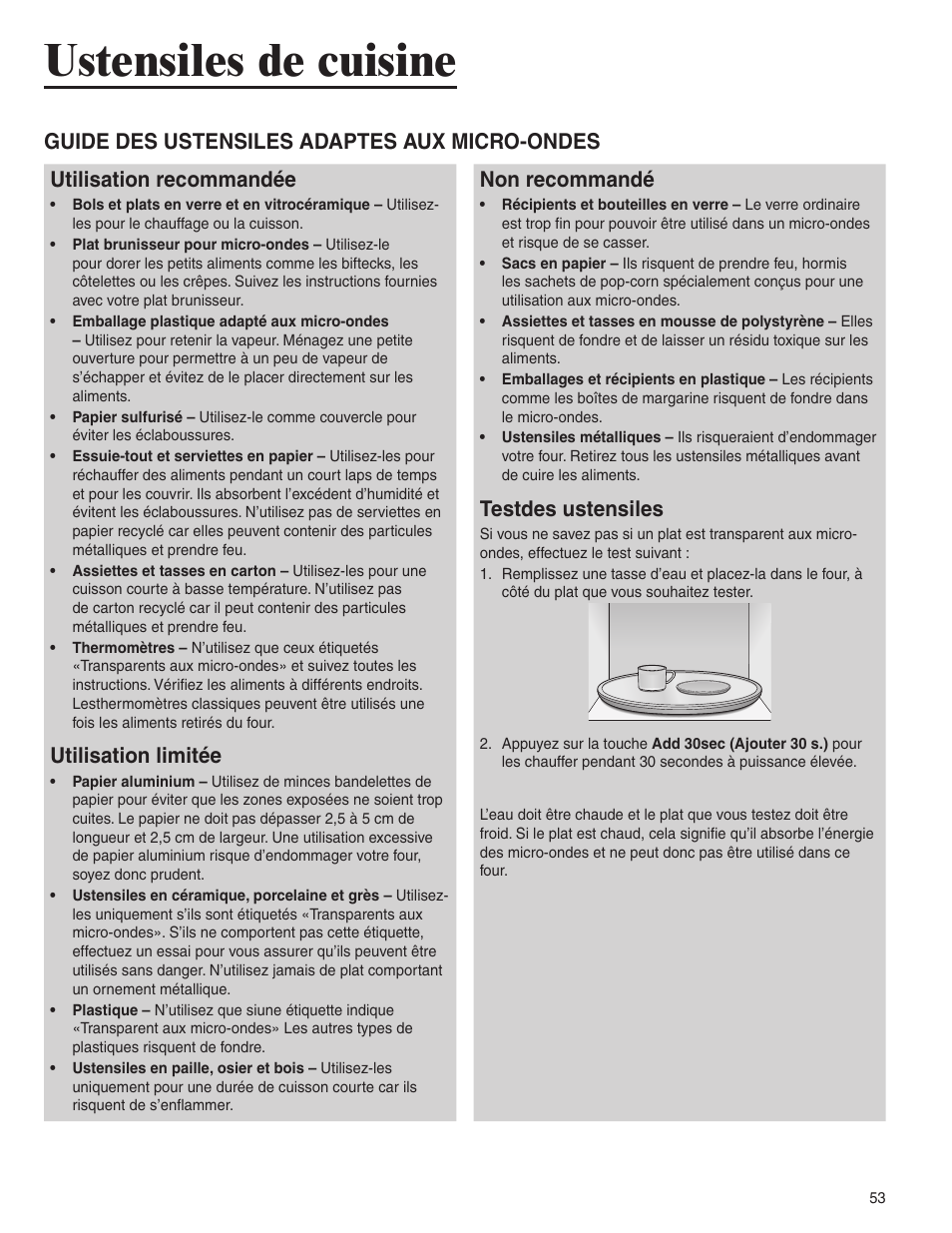 Ustensiles de cuisine, Utilisation limitée, Non recommandé | Testdes ustensiles | Amana AMC6158BCB User Manual | Page 53 / 84