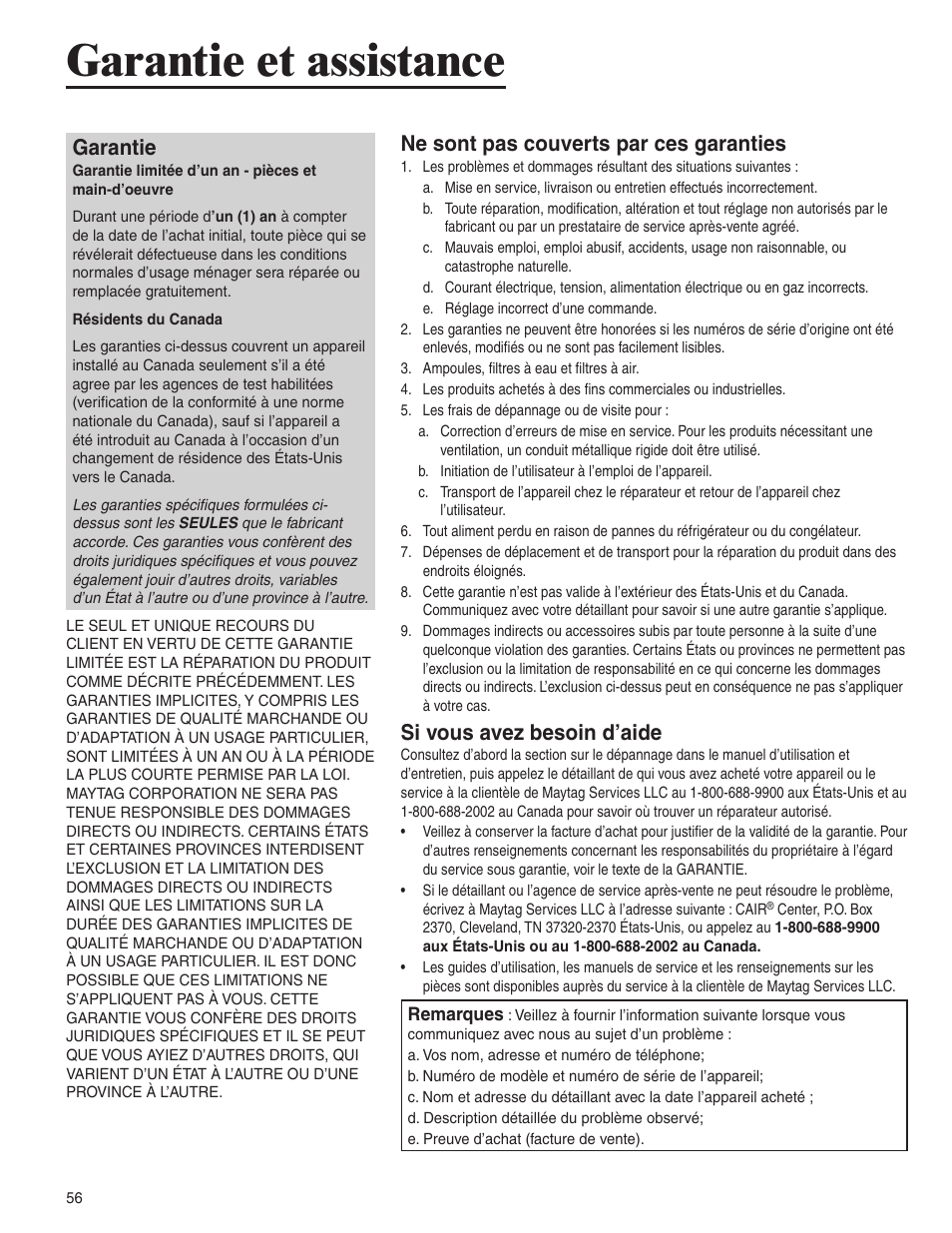 Garantie et assistance, Garantie, Ne sont pas couverts par ces garanties | Si vous avez besoin d’aide | Amana AMC6158BCB User Manual | Page 56 / 84