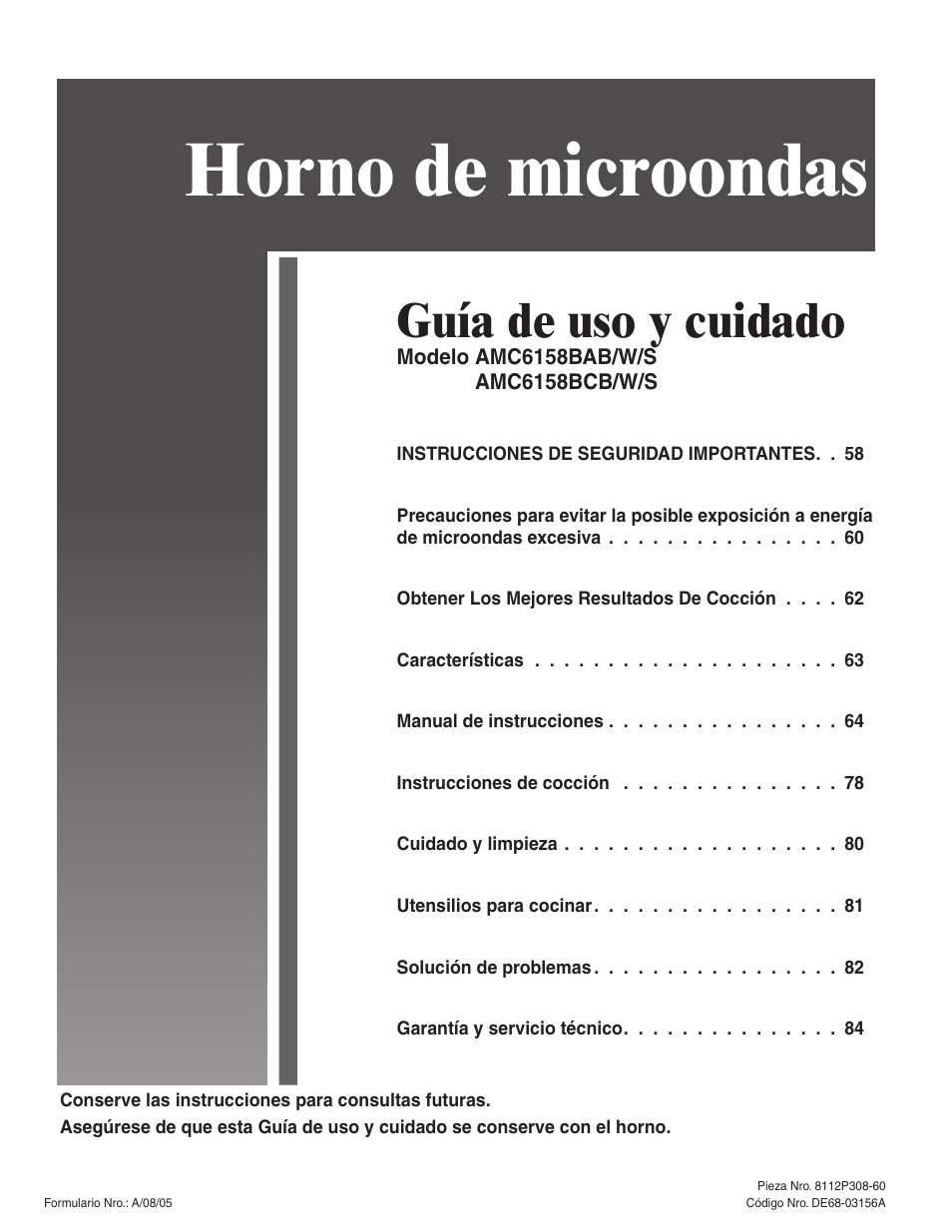 Horno de microondas, Guía de uso y cuidado | Amana AMC6158BCB User Manual | Page 57 / 84