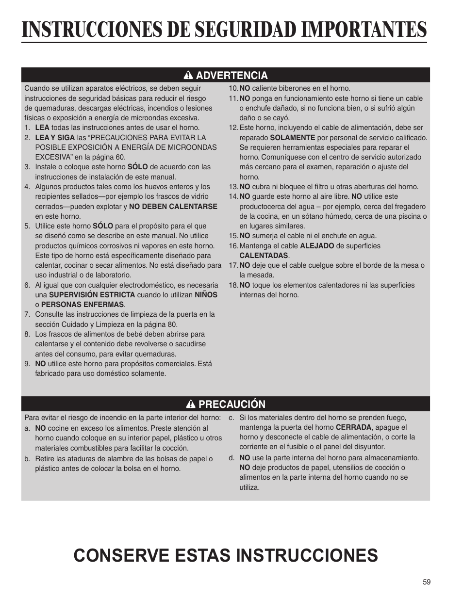 Instrucciones de seguridad importantes, Conserve estas instrucciones, Advertencia | Precaución | Amana AMC6158BCB User Manual | Page 59 / 84