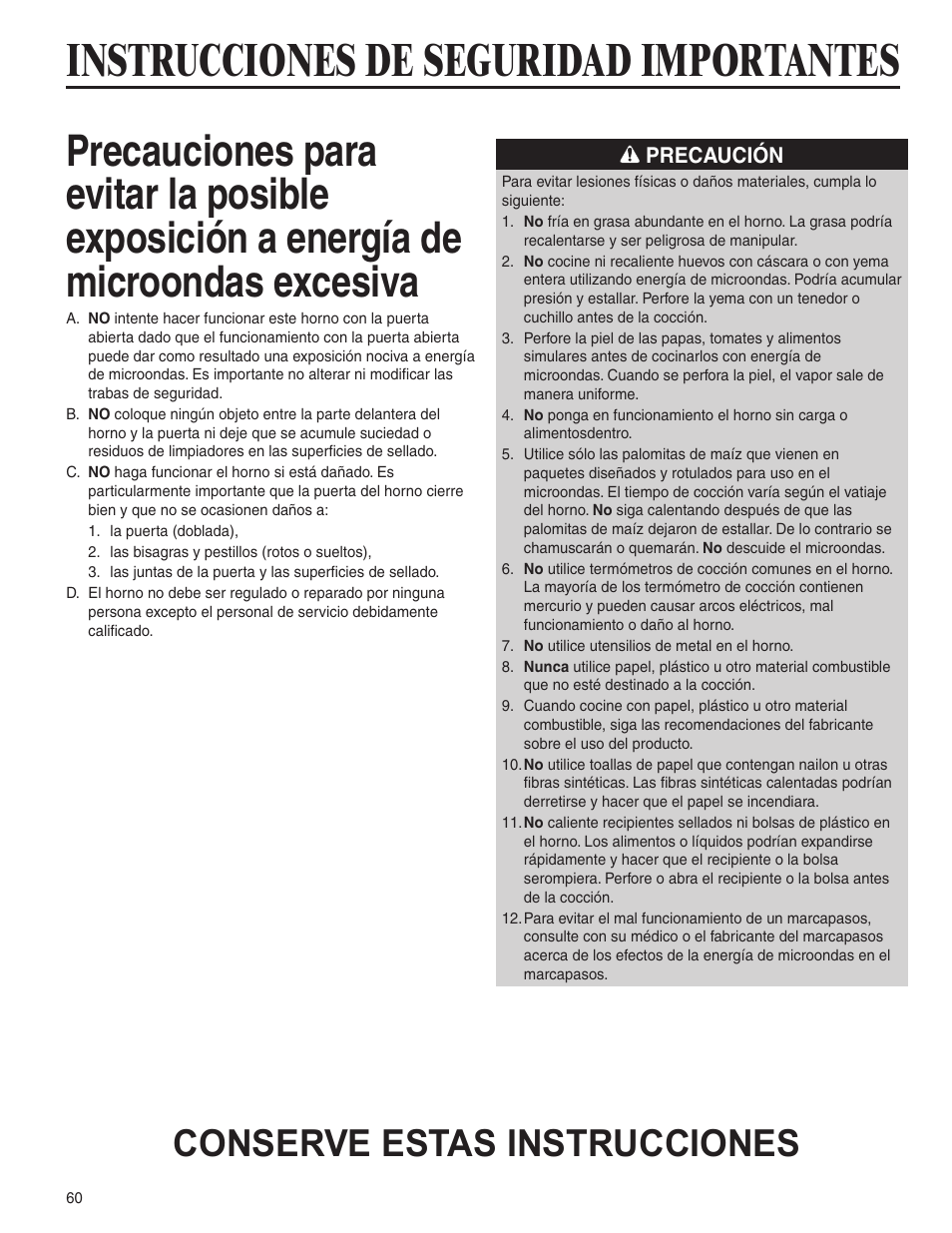 Instrucciones de seguridad importantes, Conserve estas instrucciones | Amana AMC6158BCB User Manual | Page 60 / 84
