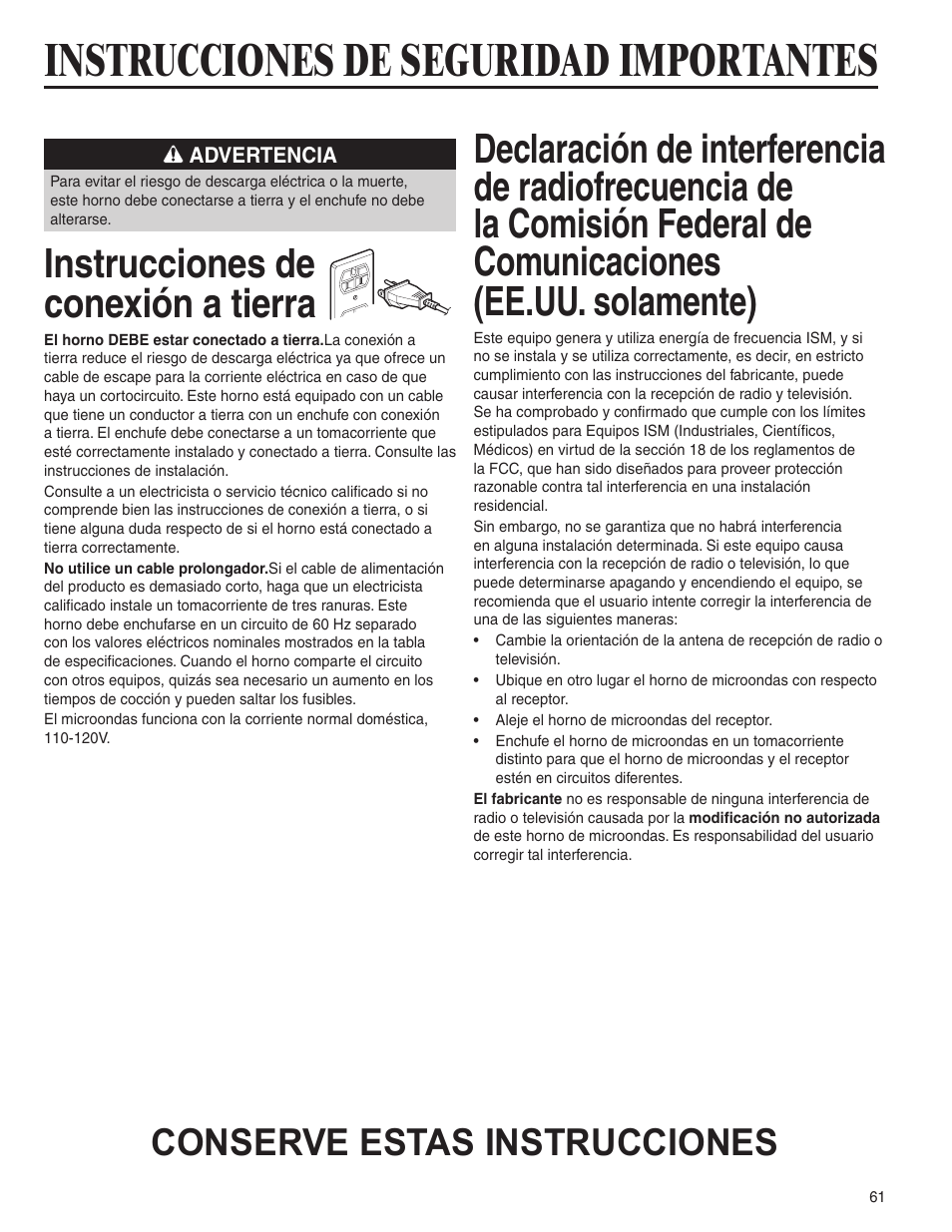 Instrucciones de seguridad importantes, Instrucciones de conexión a tierra, Conserve estas instrucciones | Amana AMC6158BCB User Manual | Page 61 / 84