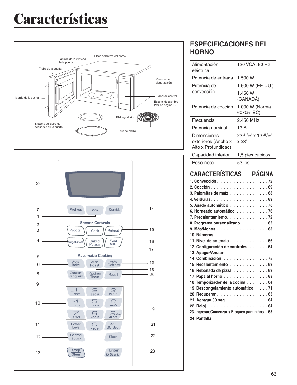 Características, Especificaciones del horno, Características página | Amana AMC6158BCB User Manual | Page 63 / 84