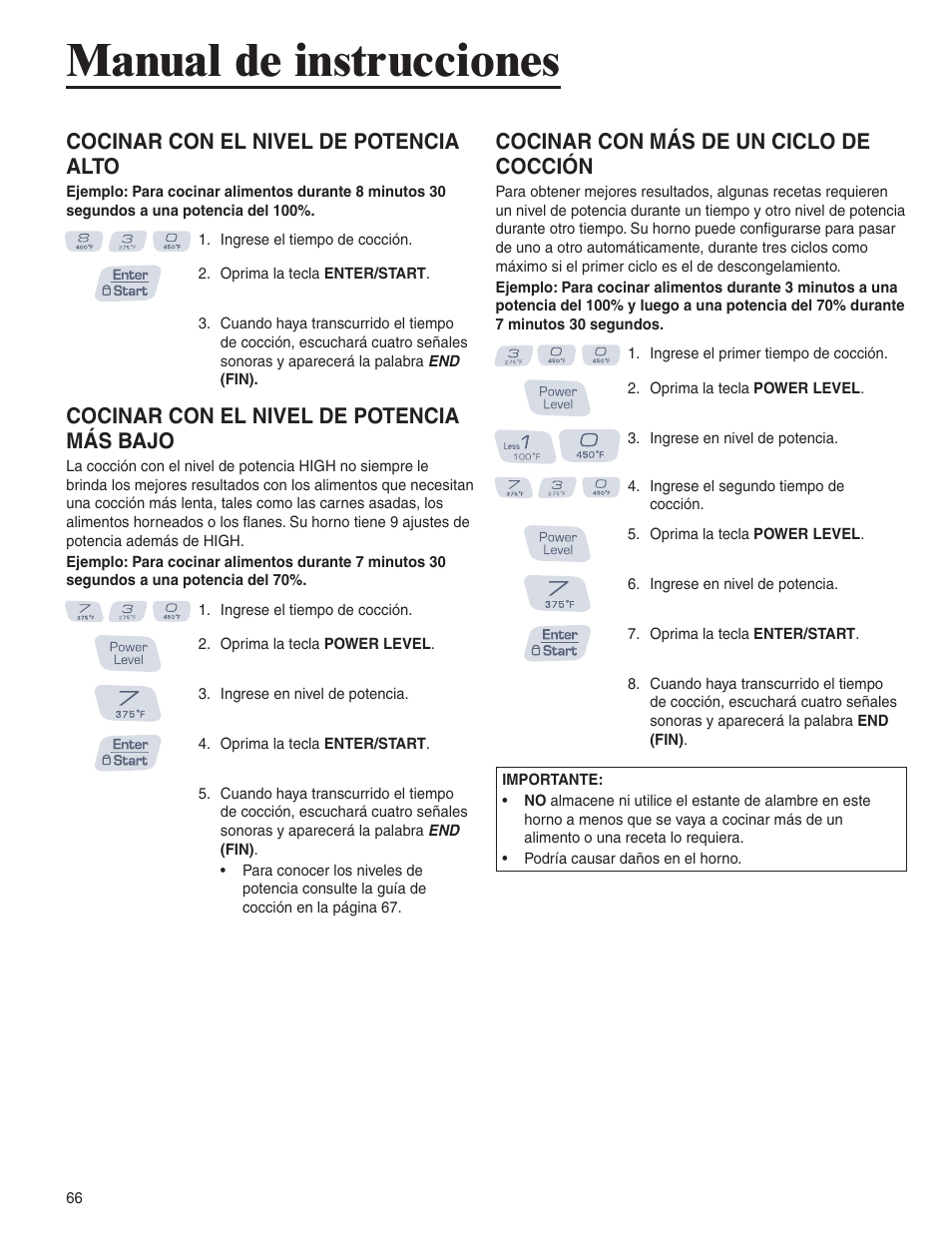 Manual de instrucciones, Cocinar con el nivel de potencia alto, Cocinar con el nivel de potencia más bajo | Cocinar con más de un ciclo de cocción | Amana AMC6158BCB User Manual | Page 66 / 84