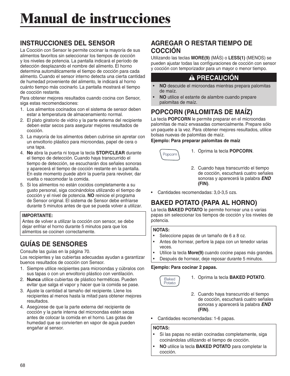 Manual de instrucciones, Instrucciones del sensor, Guías de sensores | Agregar o restar tiempo de cocción, Precaución, Popcorn (palomitas de maíz), Baked potato (papa al horno) | Amana AMC6158BCB User Manual | Page 68 / 84
