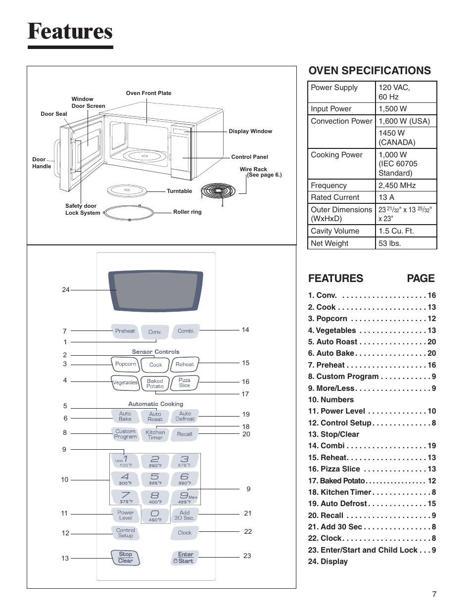 Features, Oven specifications, Features page | Amana AMC6158BCB User Manual | Page 7 / 84