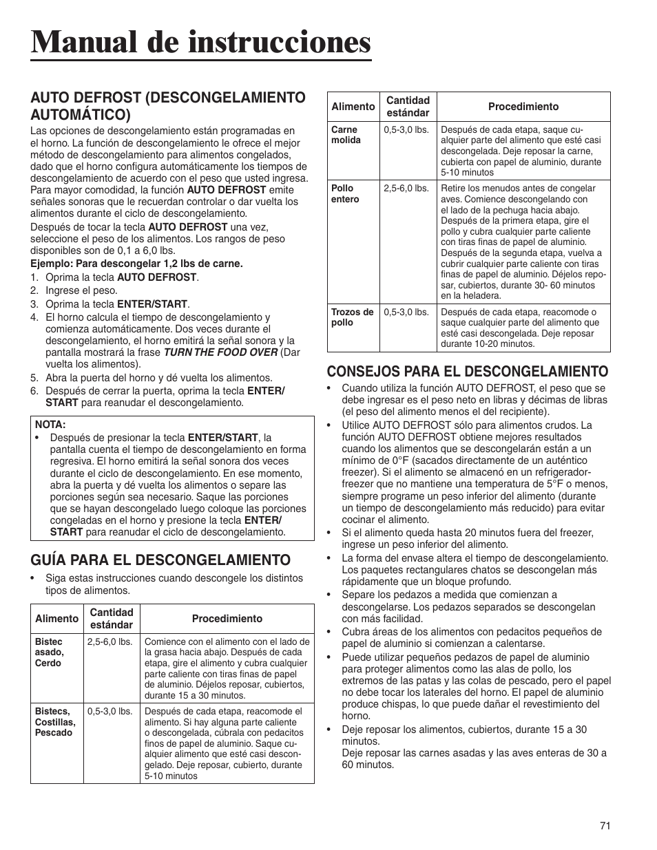 Manual de instrucciones, Auto defrost (descongelamiento automático), Guía para el descongelamiento | Consejos para el descongelamiento | Amana AMC6158BCB User Manual | Page 71 / 84