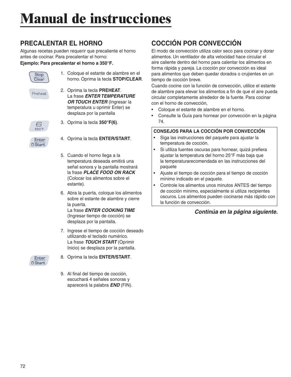 Manual de instrucciones, Precalentar el horno, Cocción por convección | Amana AMC6158BCB User Manual | Page 72 / 84