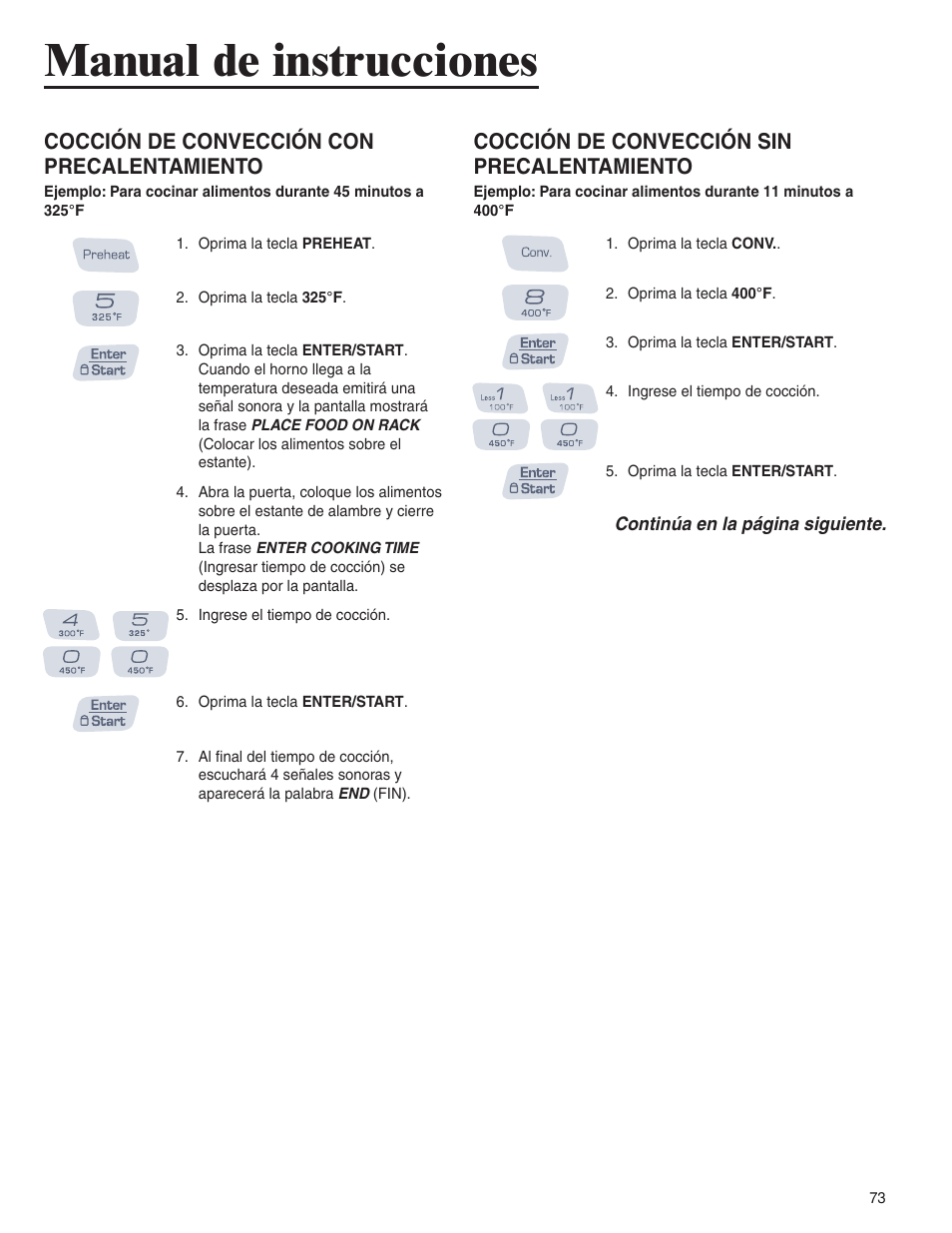 Manual de instrucciones, Cocción de convección con precalentamiento, Cocción de convección sin precalentamiento | Amana AMC6158BCB User Manual | Page 73 / 84