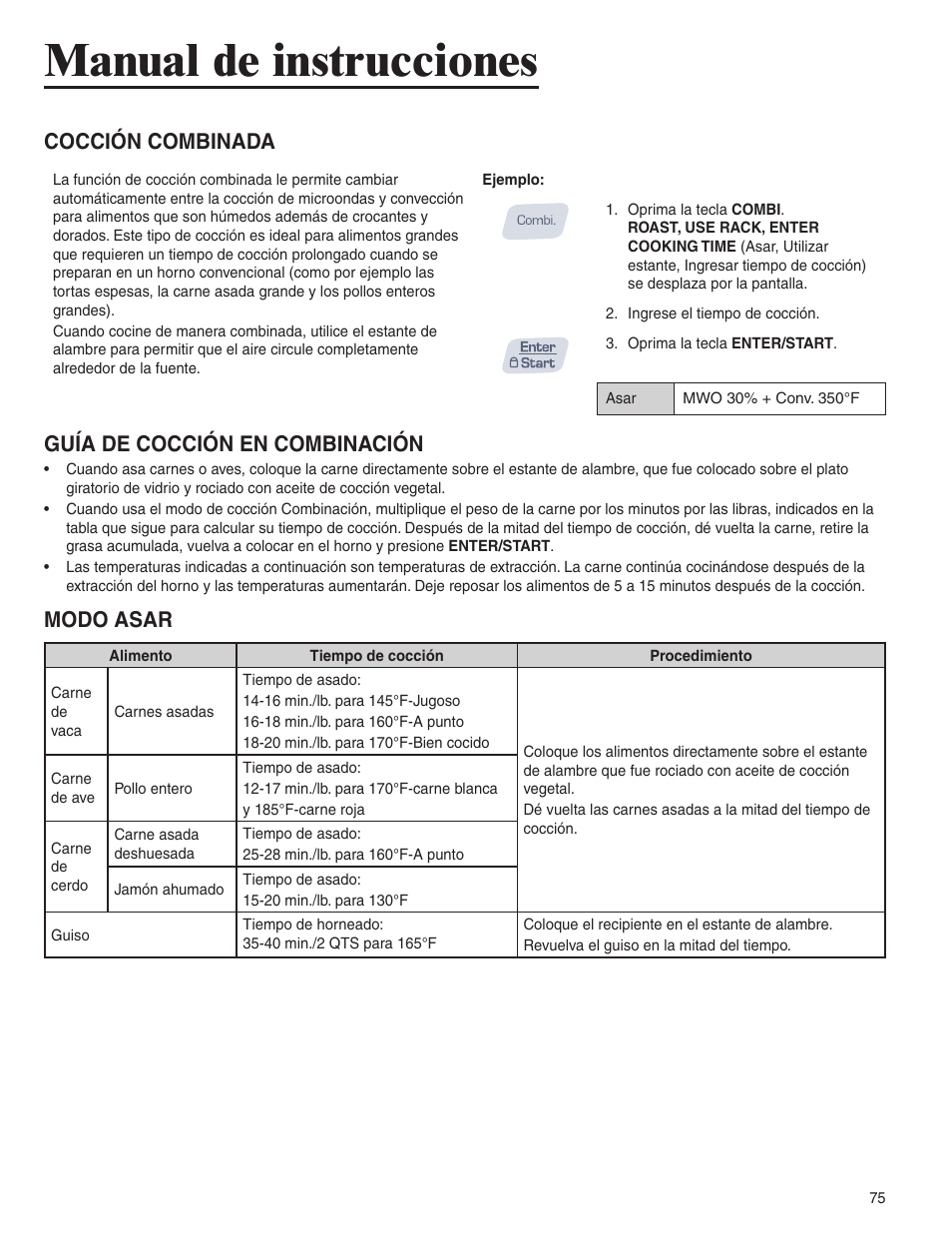 Manual de instrucciones, Cocción combinada, Guía de cocción en combinación | Modo asar | Amana AMC6158BCB User Manual | Page 75 / 84