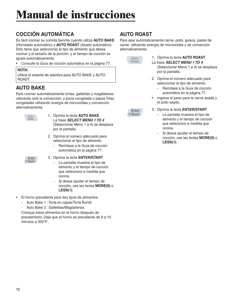 Manual de instrucciones, Cocción automática, Auto bake | Auto roast | Amana AMC6158BCB User Manual | Page 76 / 84