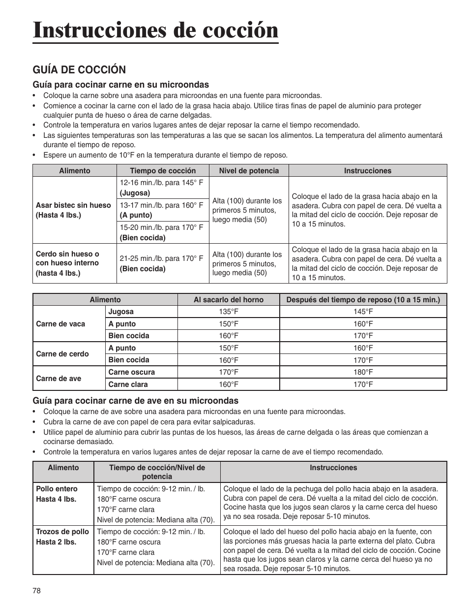 Instrucciones de cocción, Guía de cocción | Amana AMC6158BCB User Manual | Page 78 / 84