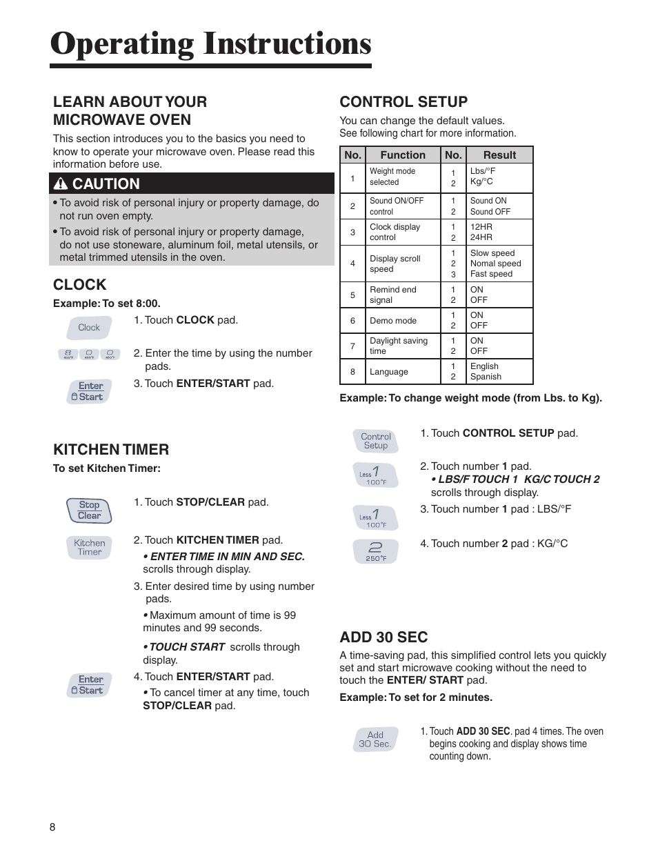 Operating instructions, Clock, Kitchen timer | Control setup, Add 30 sec, Learn about your microwave oven, Caution | Amana AMC6158BCB User Manual | Page 8 / 84