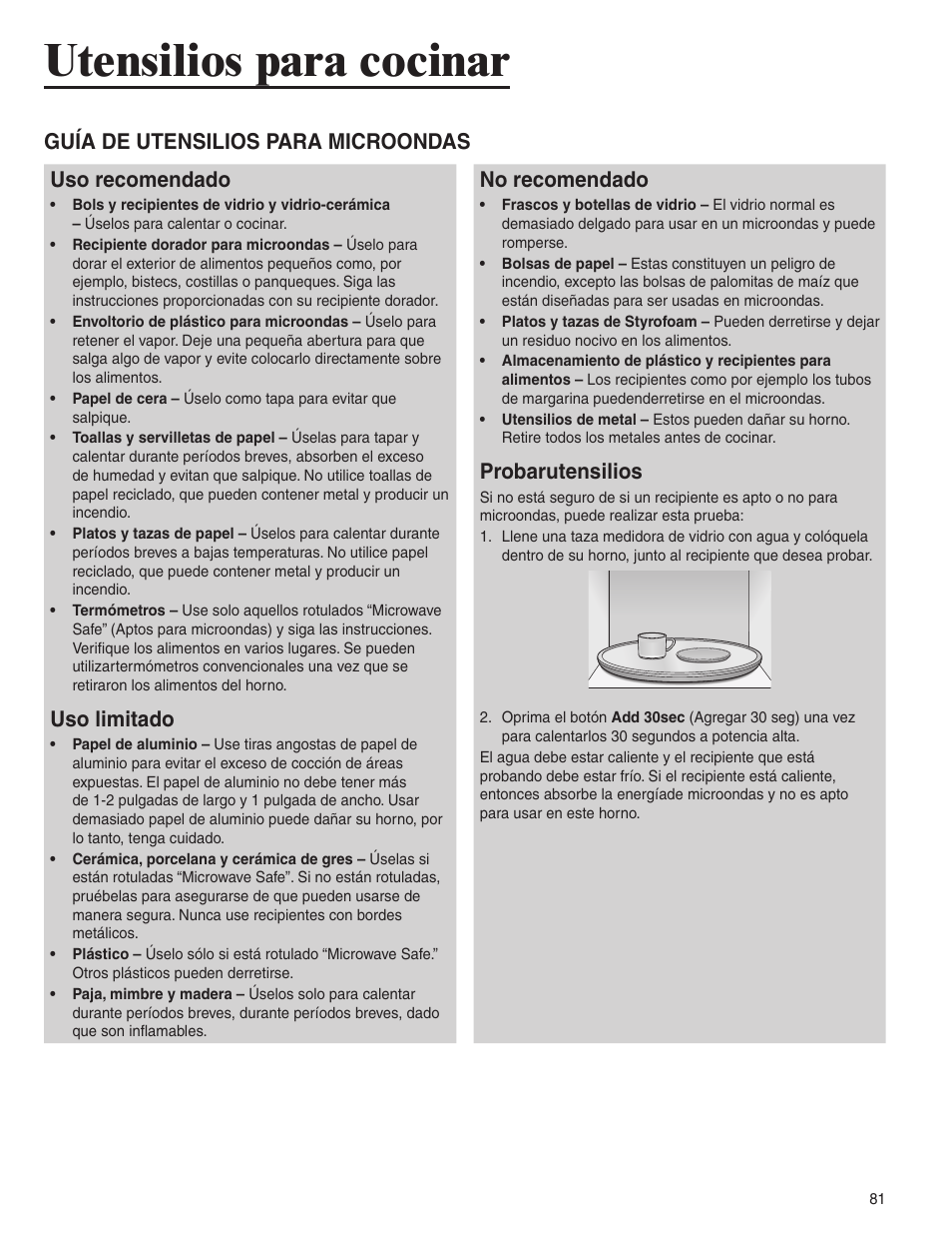 Utensilios para cocinar, Guía de utensilios para microondas uso recomendado, Uso limitado | No recomendado, Probarutensilios | Amana AMC6158BCB User Manual | Page 81 / 84