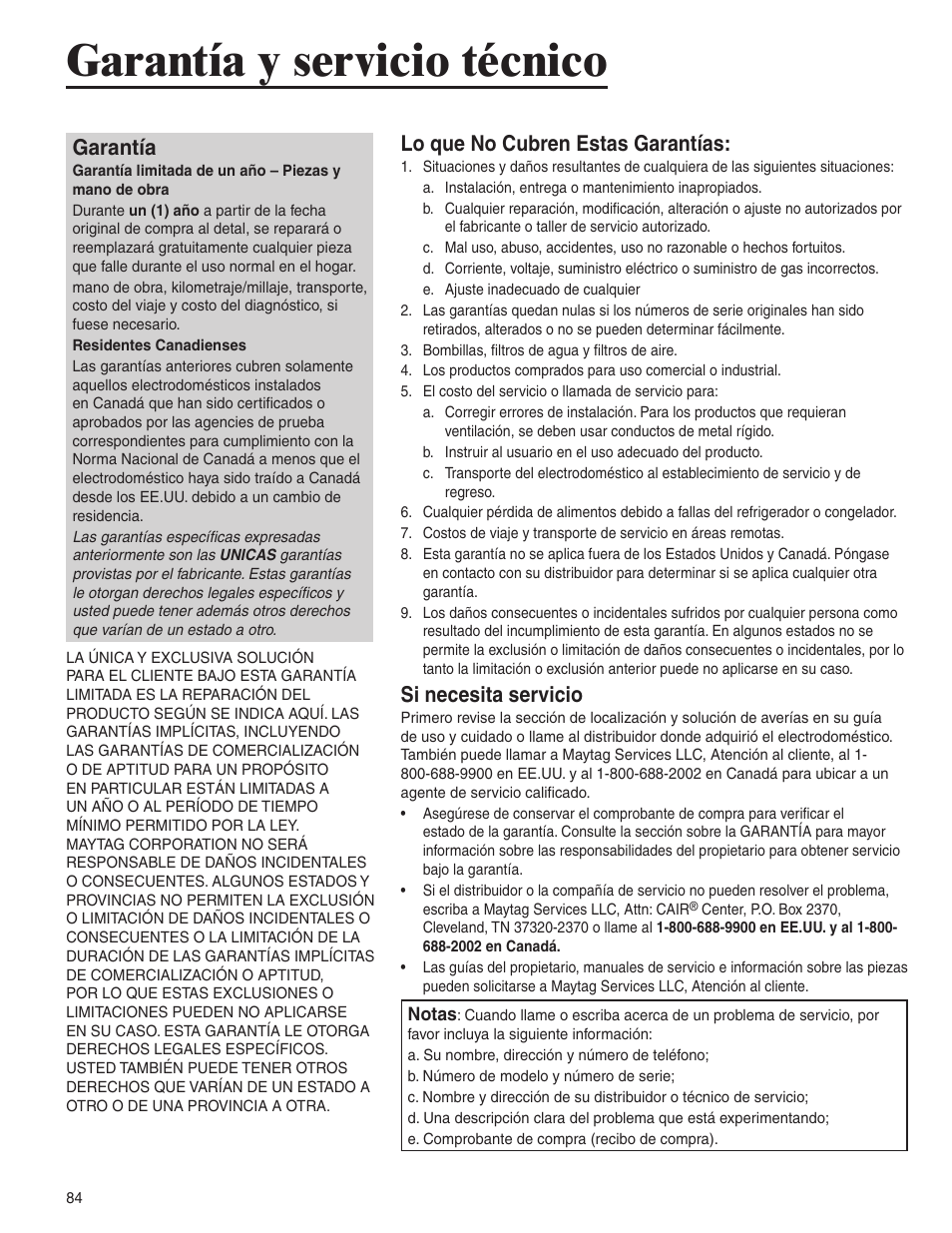 Garantía y servicio técnico, Garantía, Lo que no cubren estas garantías | Si necesita servicio | Amana AMC6158BCB User Manual | Page 84 / 84