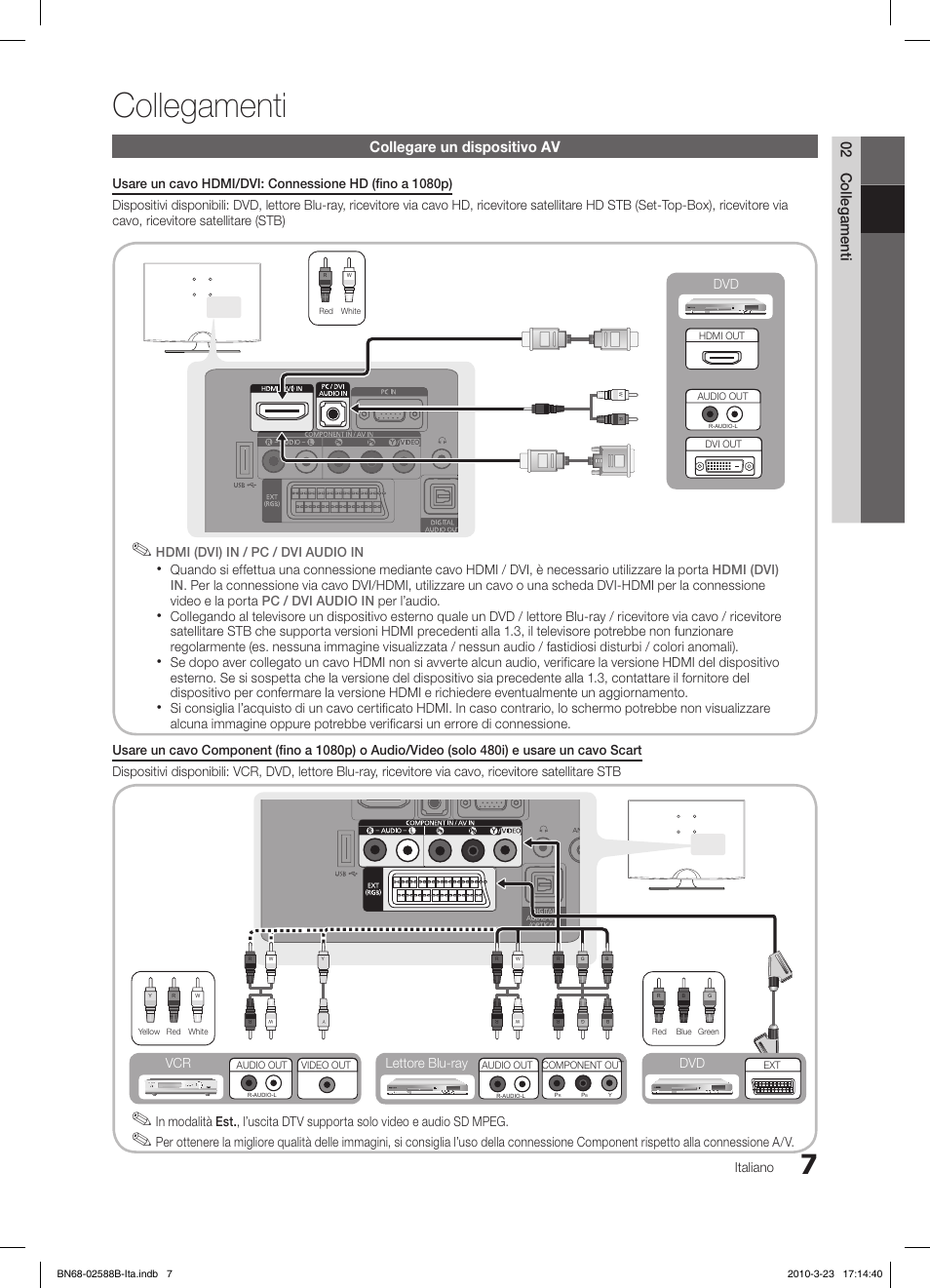 Collegamenti, 02 collegamenti, Collegare un dispositivo av | Italiano, Lettore blu-ray dvd vcr | Samsung LE19C350D1W User Manual | Page 106 / 134