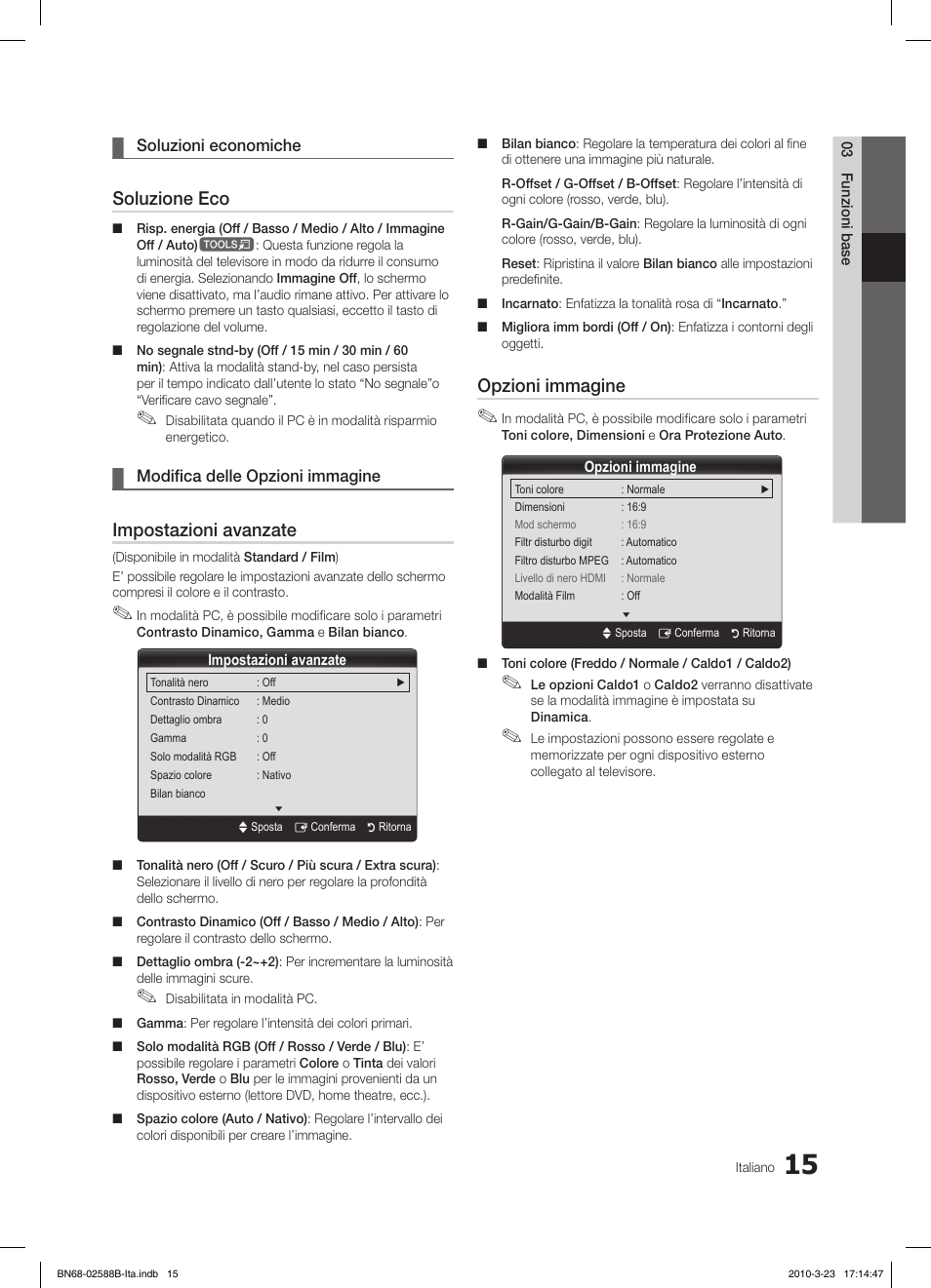 Soluzione eco, Impostazioni avanzate, Opzioni immagine | Samsung LE19C350D1W User Manual | Page 114 / 134