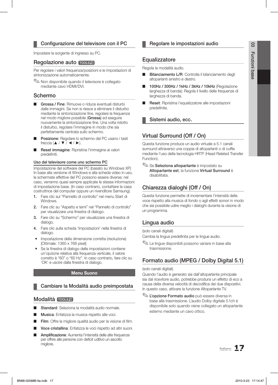 Regolazione auto, Schermo, Modalità | Equalizzatore, Virtual surround (off / on), Chiarezza dialoghi (off / on), Lingua audio, Formato audio (mpeg / dolby digital 5.1) | Samsung LE19C350D1W User Manual | Page 116 / 134