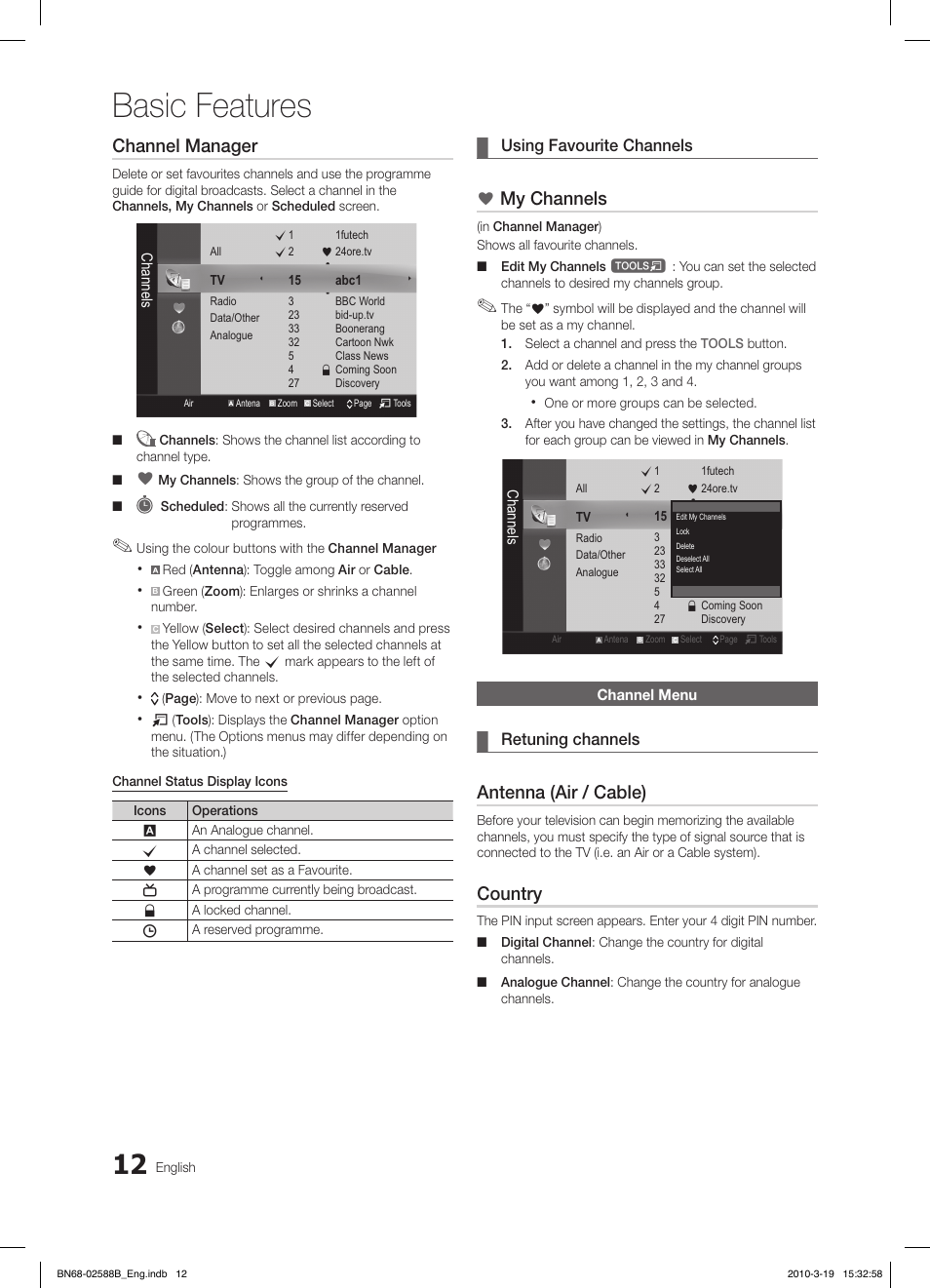 Basic features, Channel manager, My channels | Antenna (air / cable), Country | Samsung LE19C350D1W User Manual | Page 12 / 134