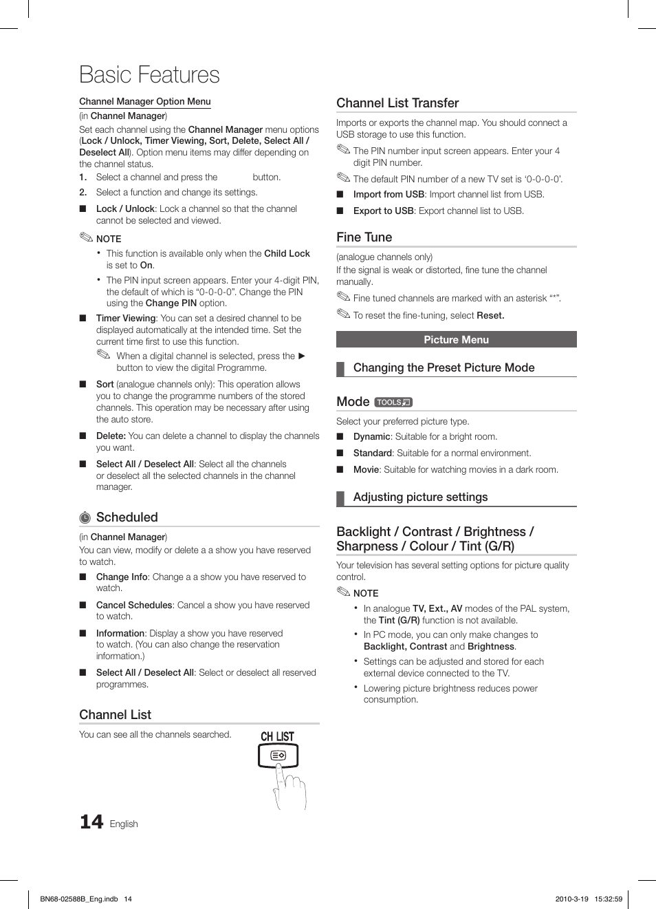 Basic features, Fav.ch p.mode dual mts | Samsung LE19C350D1W User Manual | Page 14 / 134