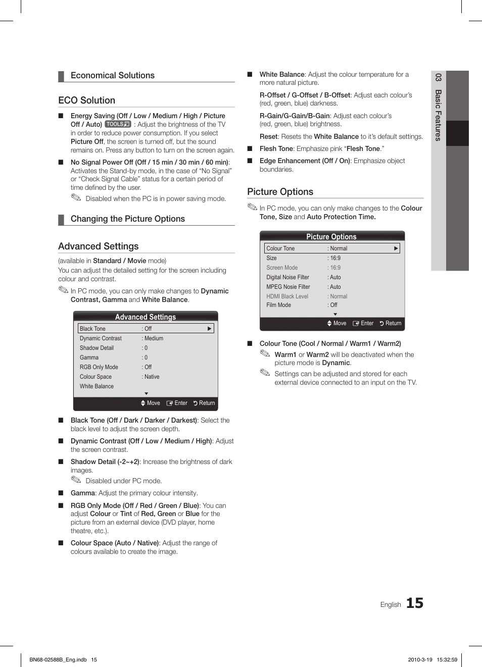 Eco solution, Advanced settings, Picture options | Samsung LE19C350D1W User Manual | Page 15 / 134