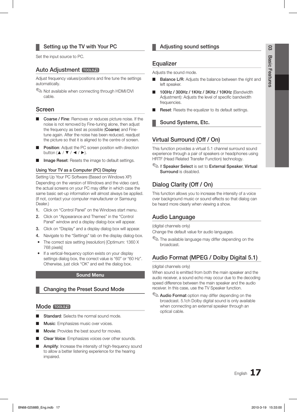 Auto adjustment, Screen, Mode | Equalizer, Virtual surround (off / on), Dialog clarity (off / on), Audio language, Audio format (mpeg / dolby digital 5.1) | Samsung LE19C350D1W User Manual | Page 17 / 134