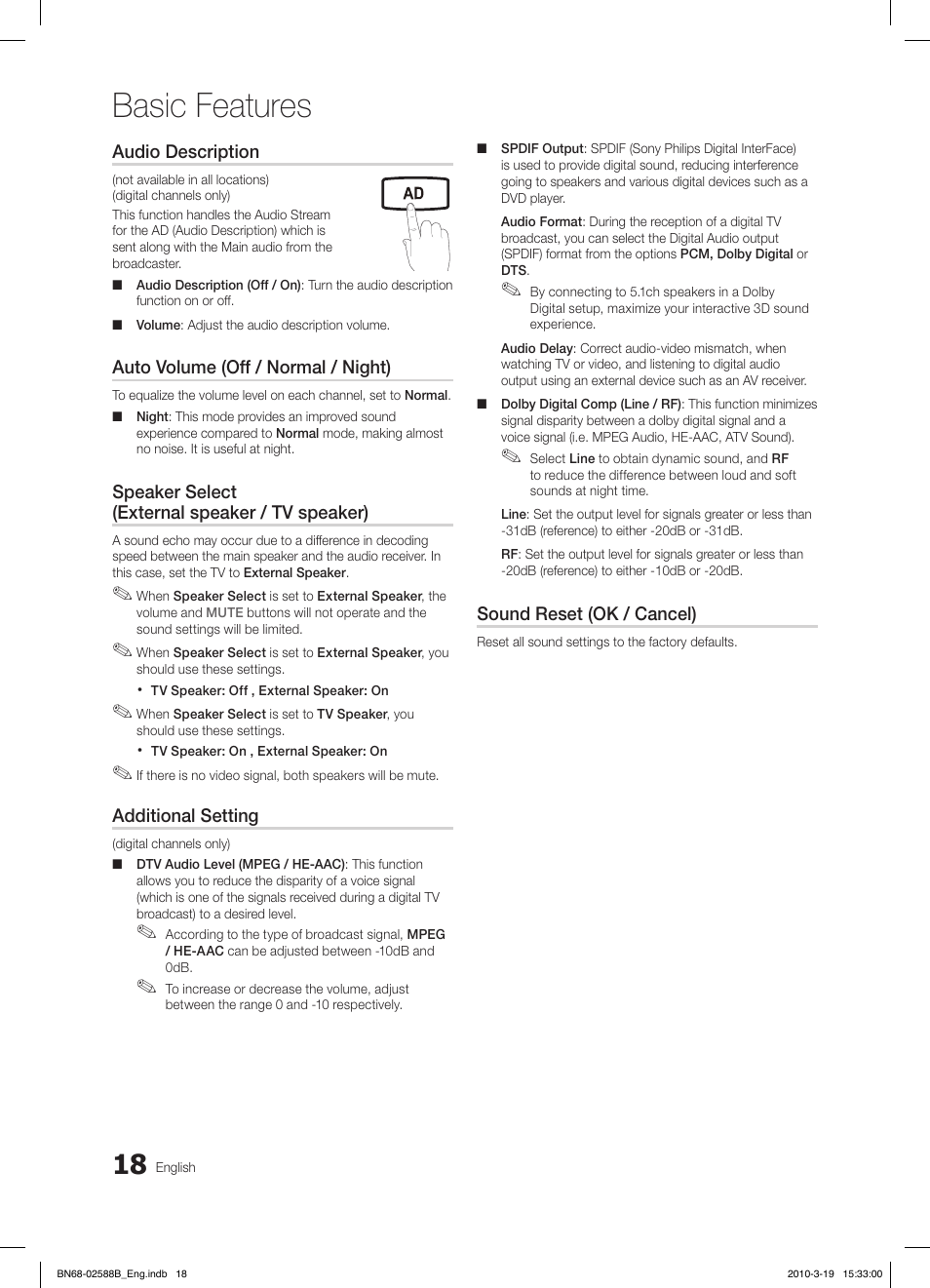 Basic features, Fav.ch p.mode dual mts | Samsung LE19C350D1W User Manual | Page 18 / 134