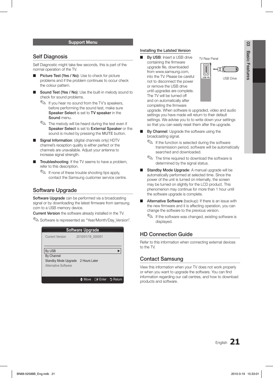 Self diagnosis, Software upgrade, Hd connection guide | Contact samsung | Samsung LE19C350D1W User Manual | Page 21 / 134