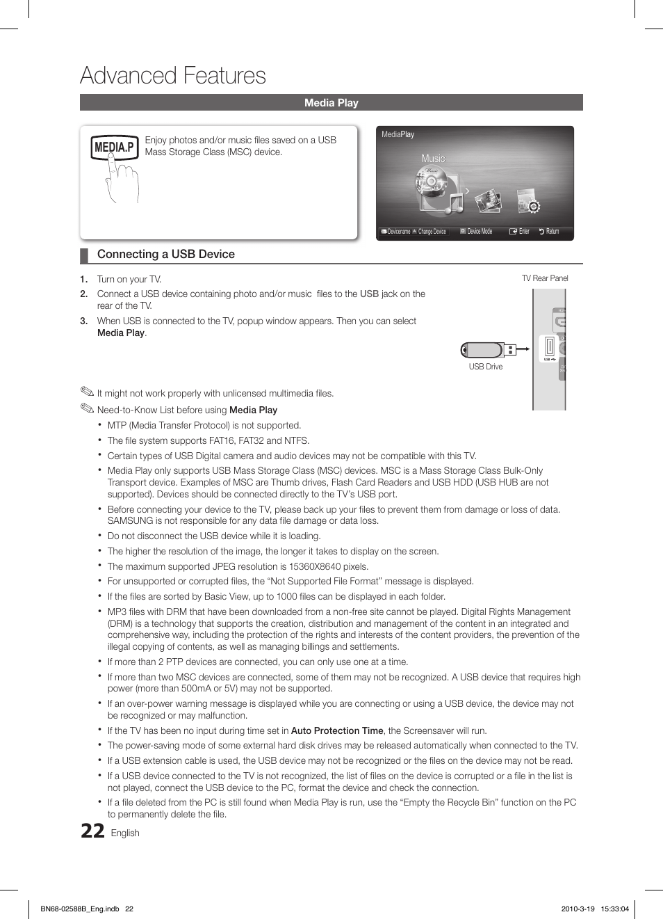 Advanced features, Fav.ch p.mode dual mts | Samsung LE19C350D1W User Manual | Page 22 / 134